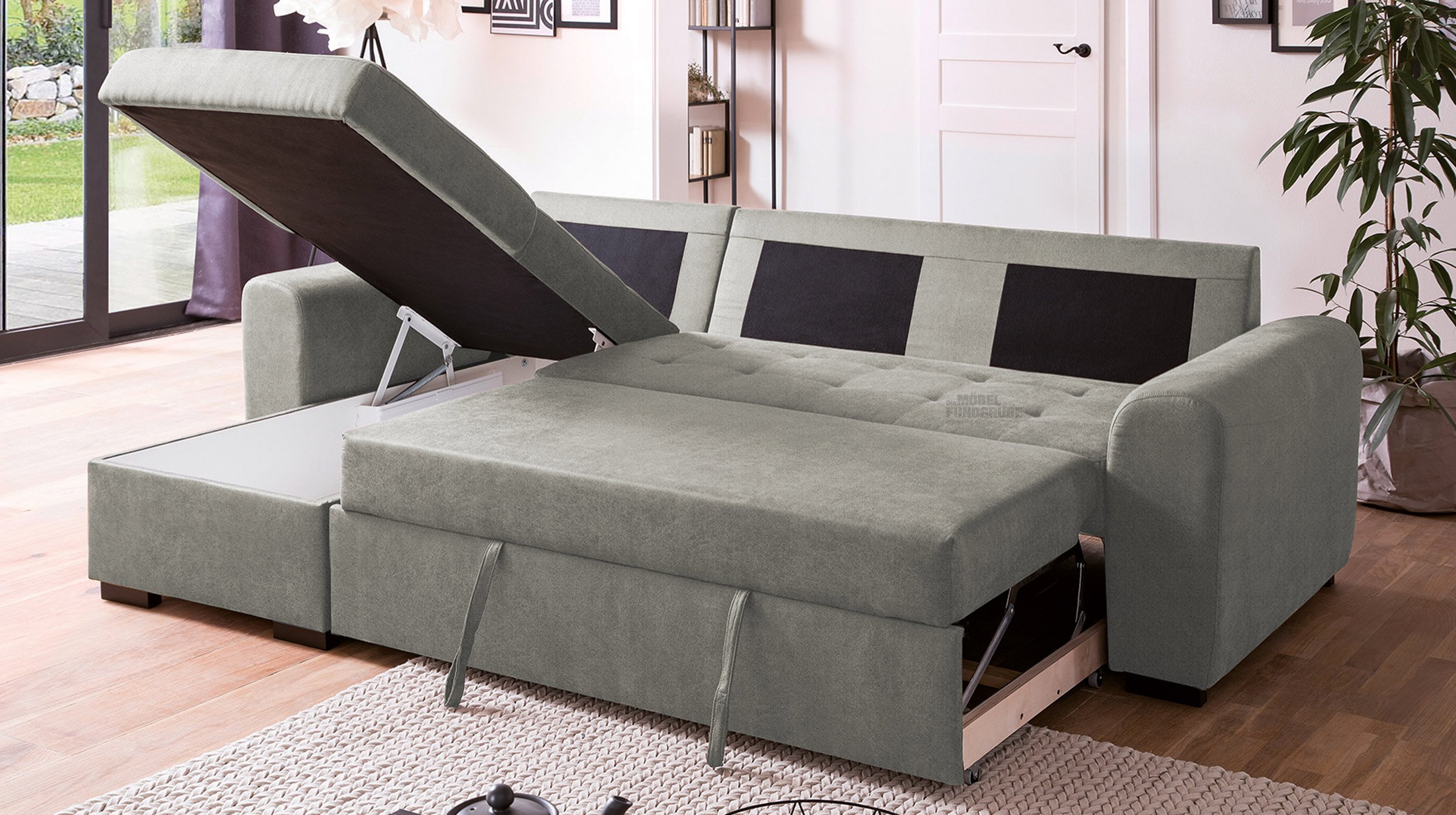 Ecksofa mit Schlaffunktion grau 243 x 155 cm Bettkasten POLL
