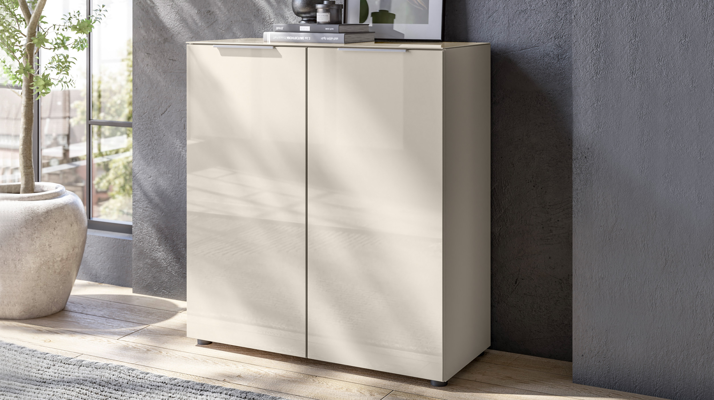 Kommode - beige - Glasfront - 90 x 40 cm - SANTORIN