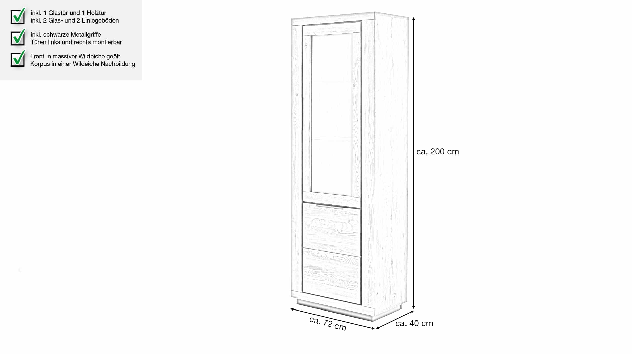 Vitrine mit Glastür Wildeiche teilmassiv geölt 72 cm - GRENO 