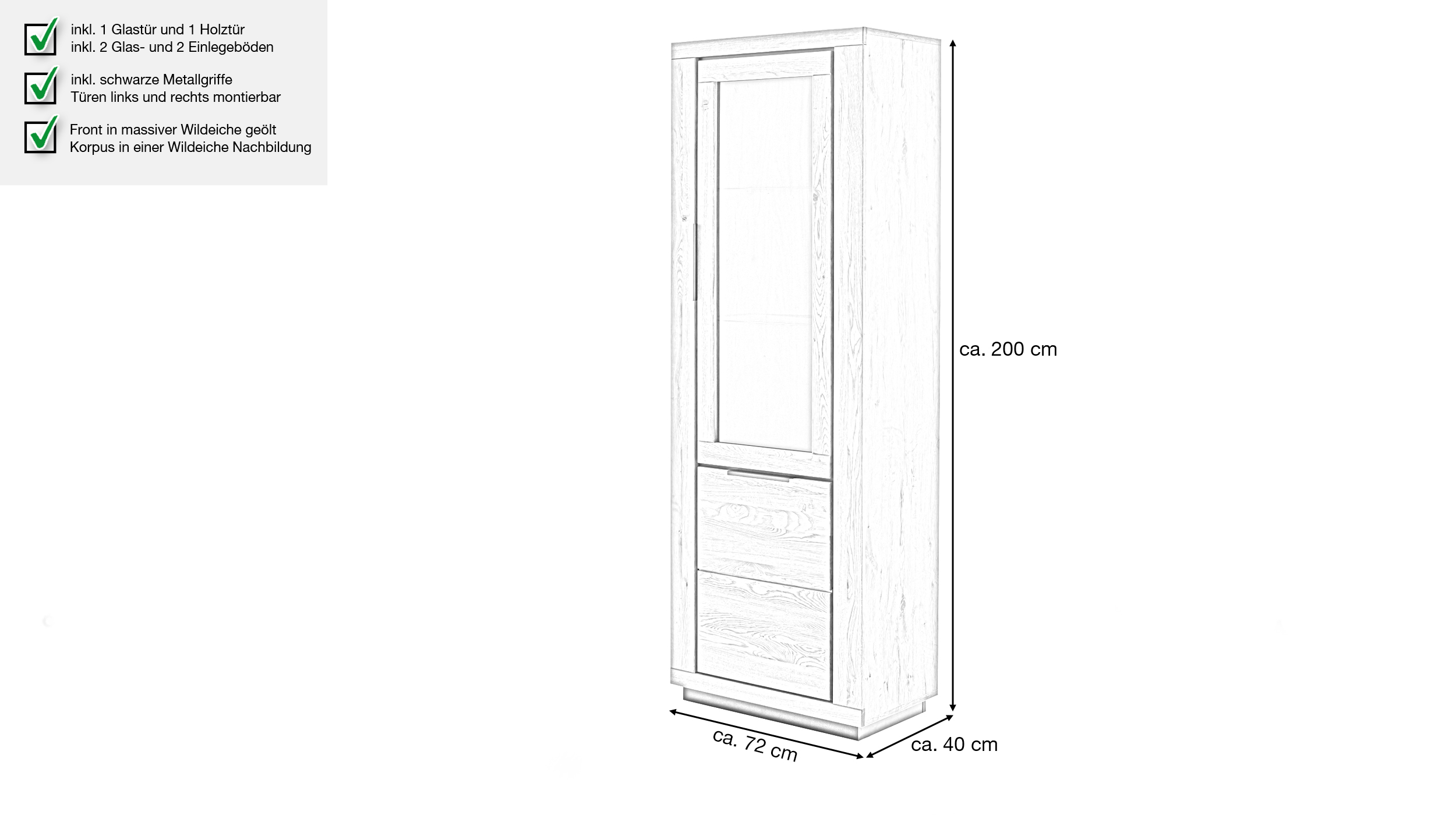 Vitrine mit Glastür Wildeiche teilmassiv geölt Breite 72 cm - GRENO 