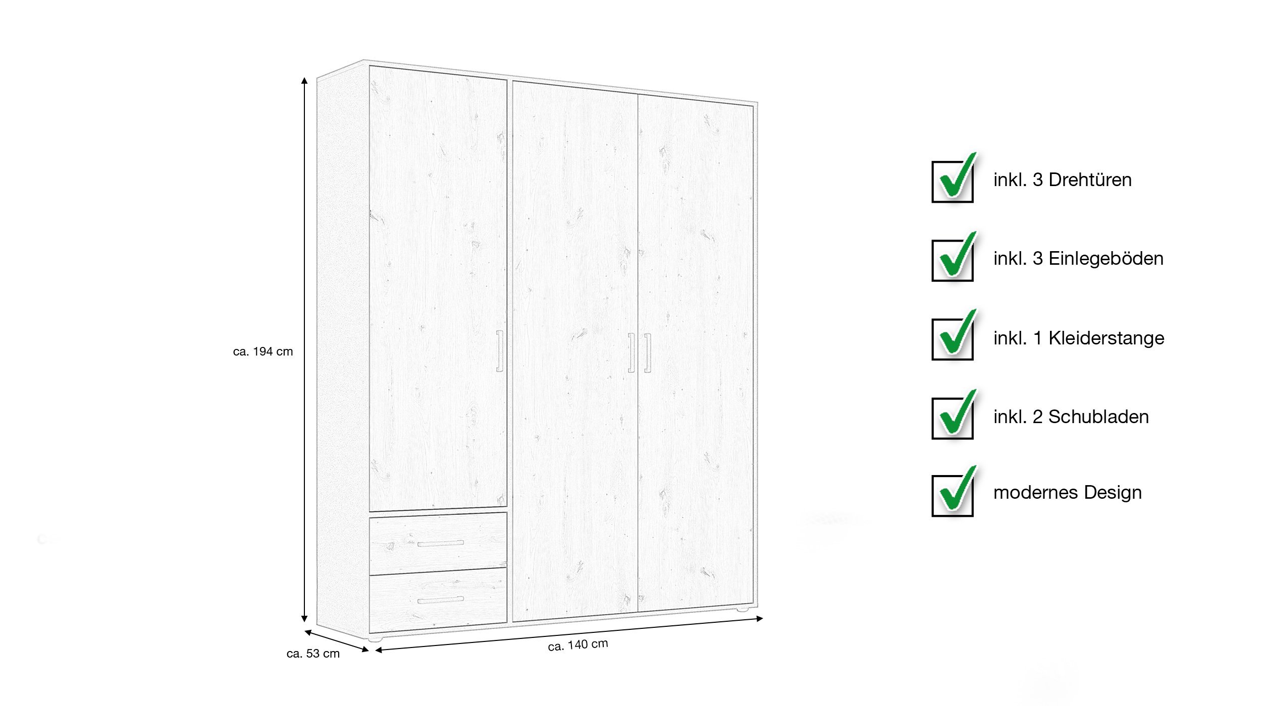 Kleiderschrank Artisan Eiche - grau - 140 cm - rauch - VOYAGER