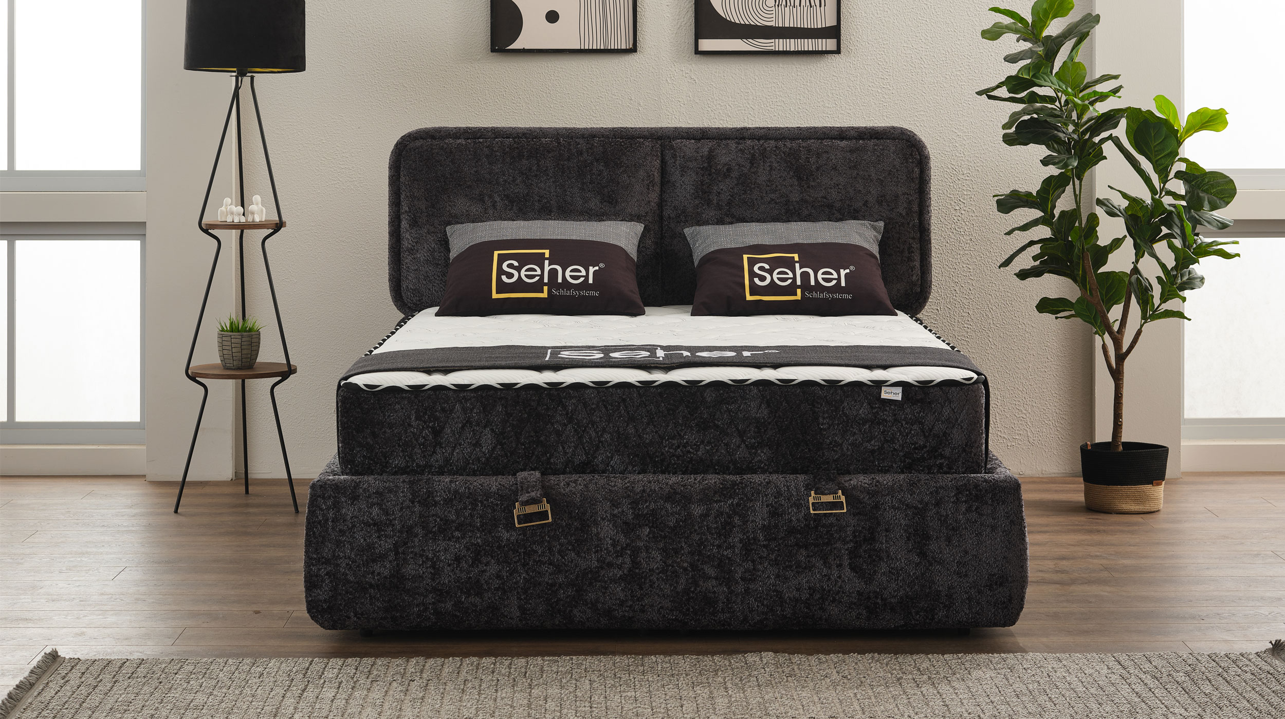 Boxbett 180 x 200 cm Chenille anthrazit Bettkasten - RHODOS