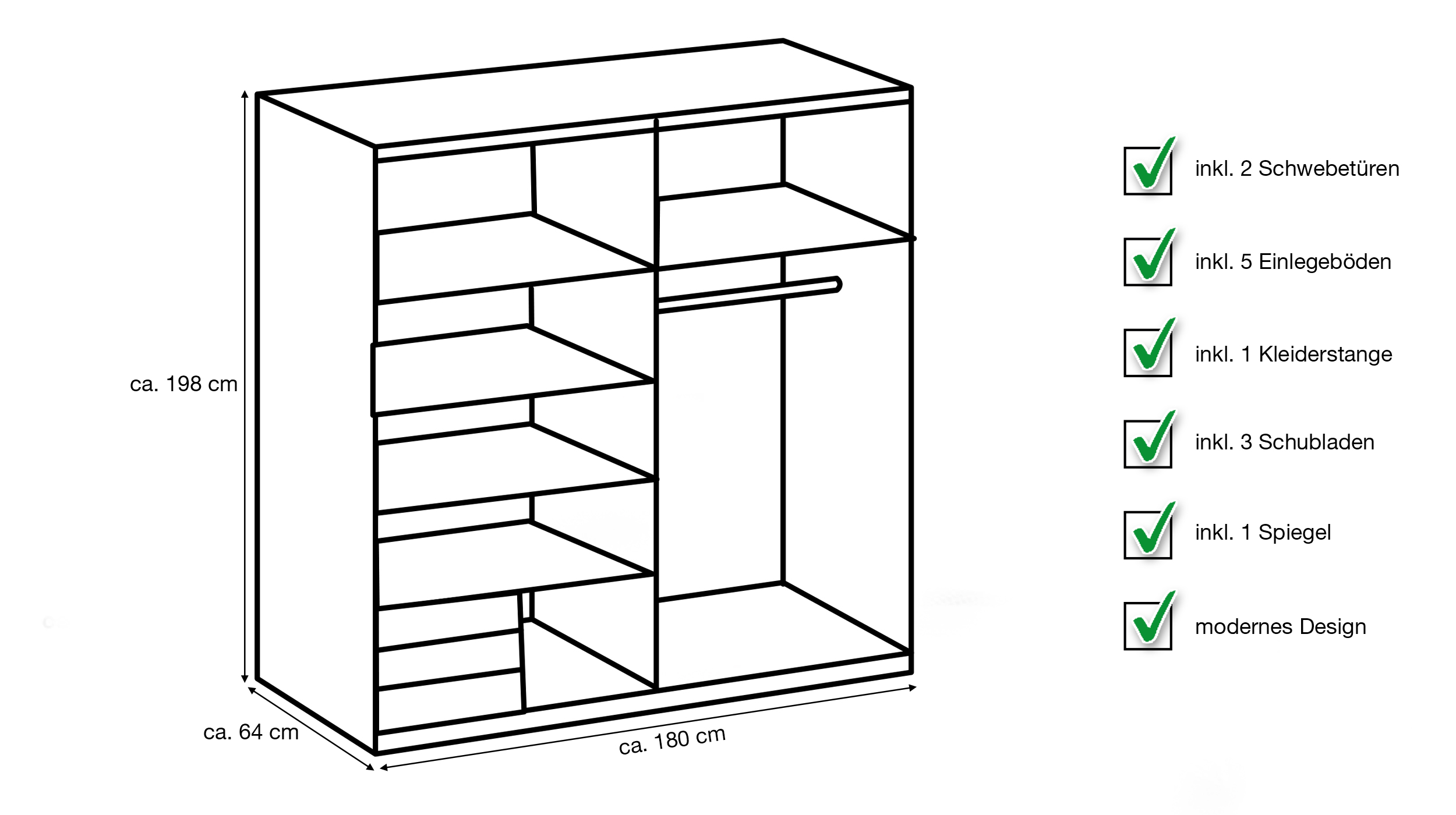 Schwebetürenschrank mit Spiegel 180 cm Plankeneiche - graphit - EMDEN