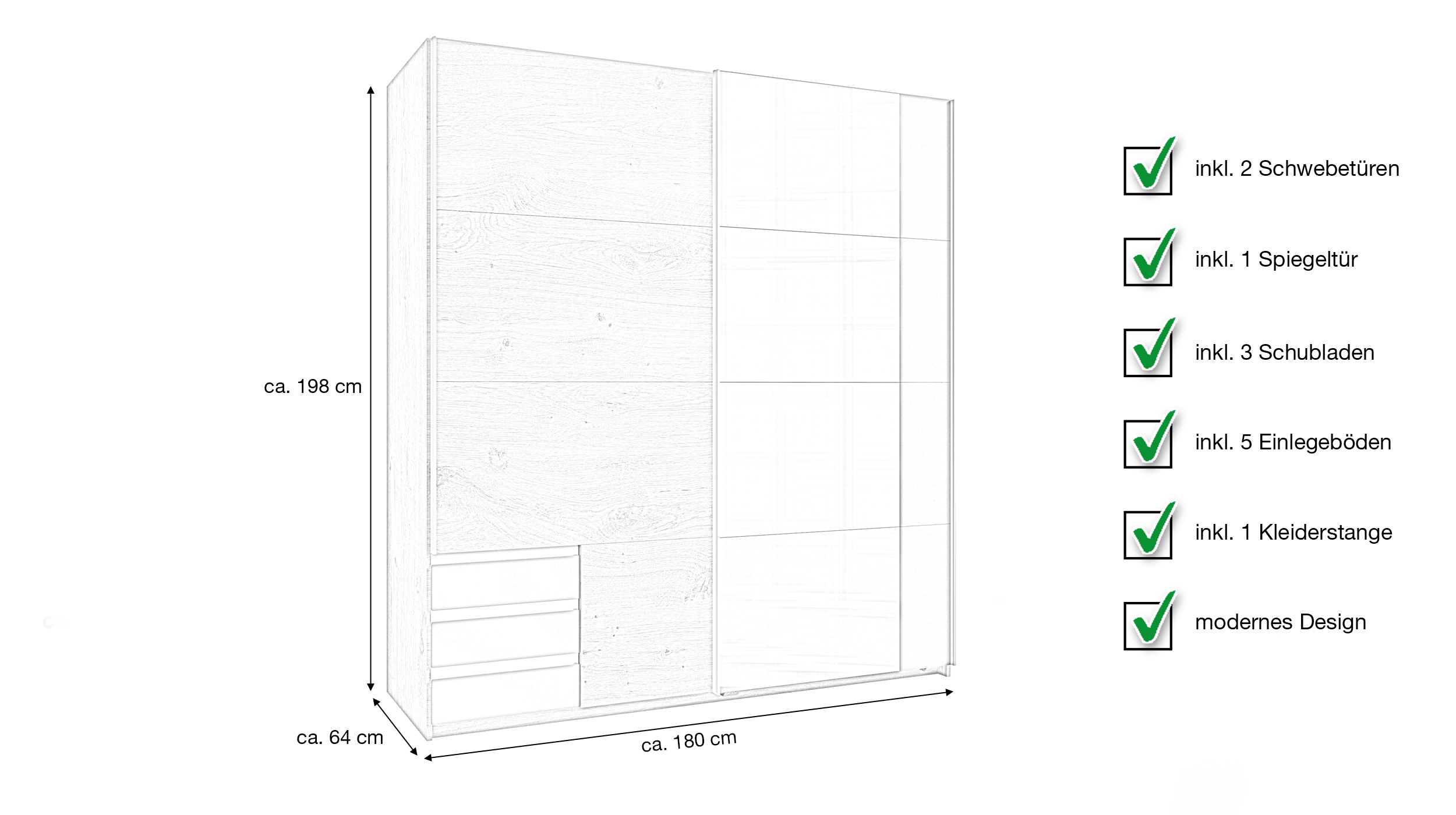 Schwebetürenschrank mit Spiegel Plankeneiche - graphit 180 cm - EMDEN