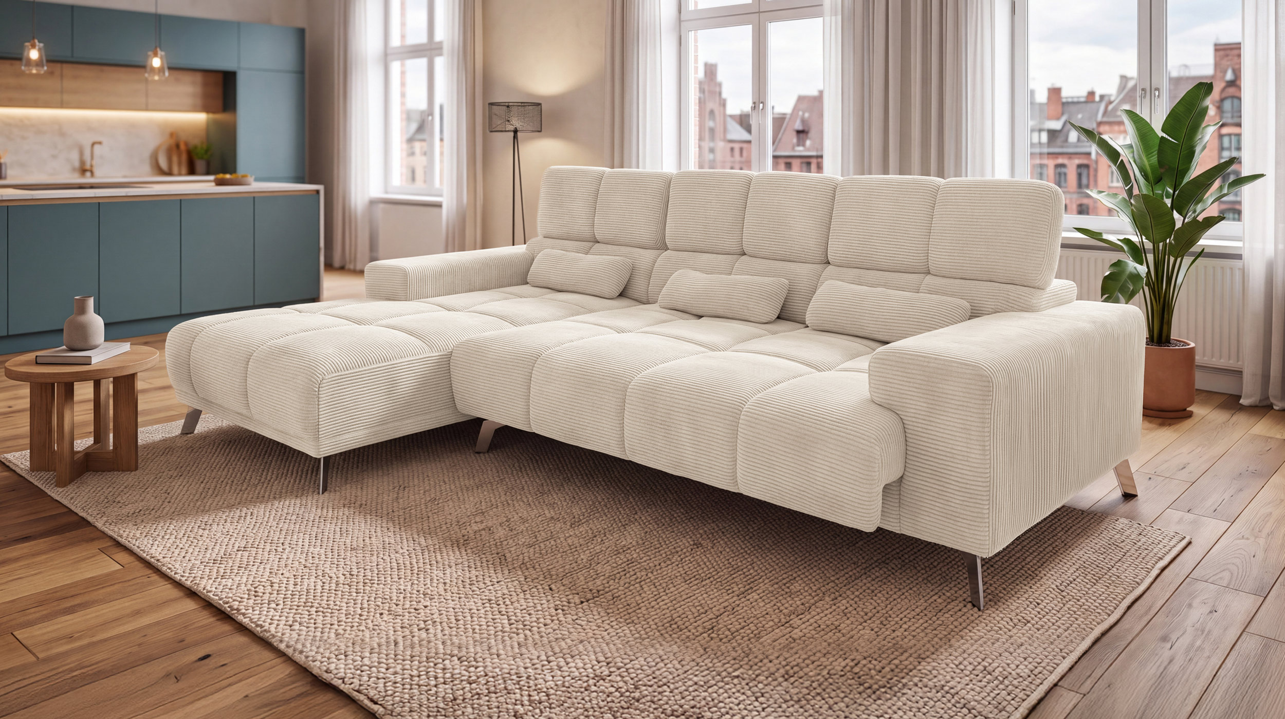 Ecksofa Cord beige elektrisch ausfahrbar 285 cm - OT links - SPEED