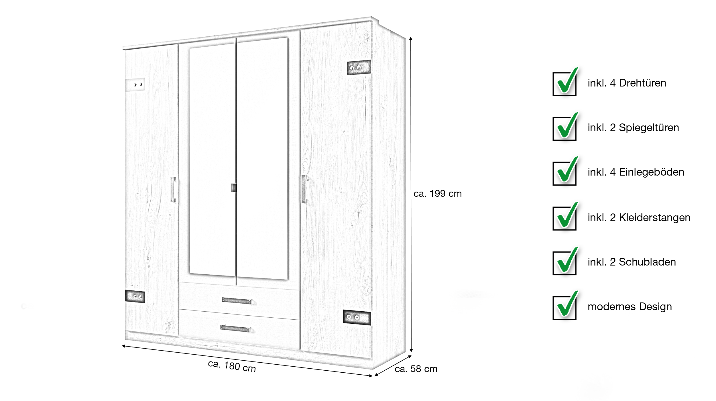 Kleiderschrank Plankeneiche - graphit 180 cm 4-türig - CORK