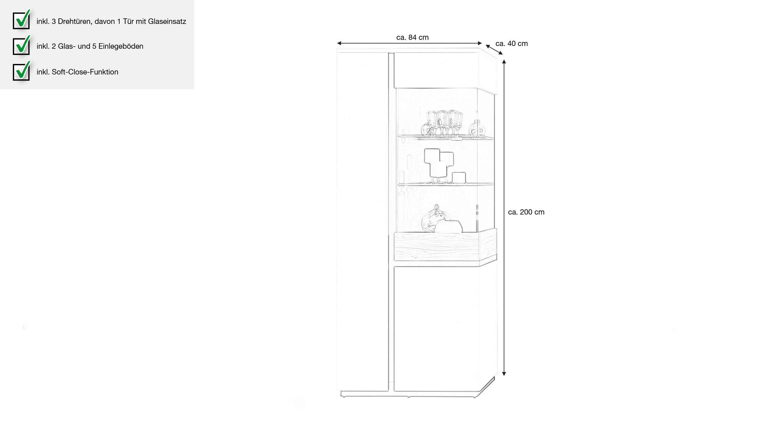 Vitrine mit Glastür alpinweiß - Catania Eiche Breite 84 cm - NOVENA