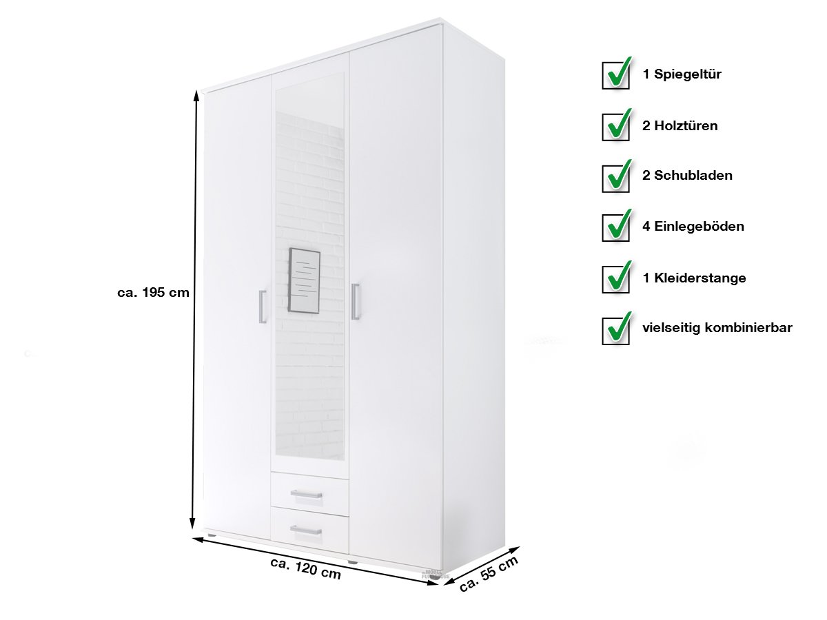 Kleiderschrank mit Spiegel - weiß - 120 cm - KARL