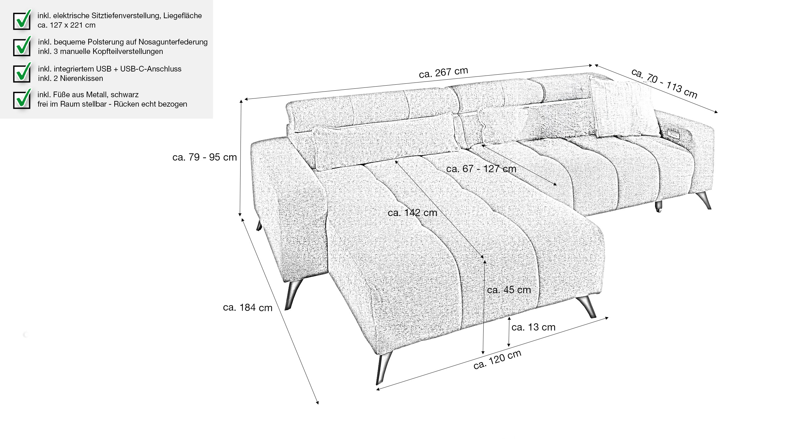 Ecksofa grau 267 cm mit XXL-Sitztiefenverstellung - OT links - BALI