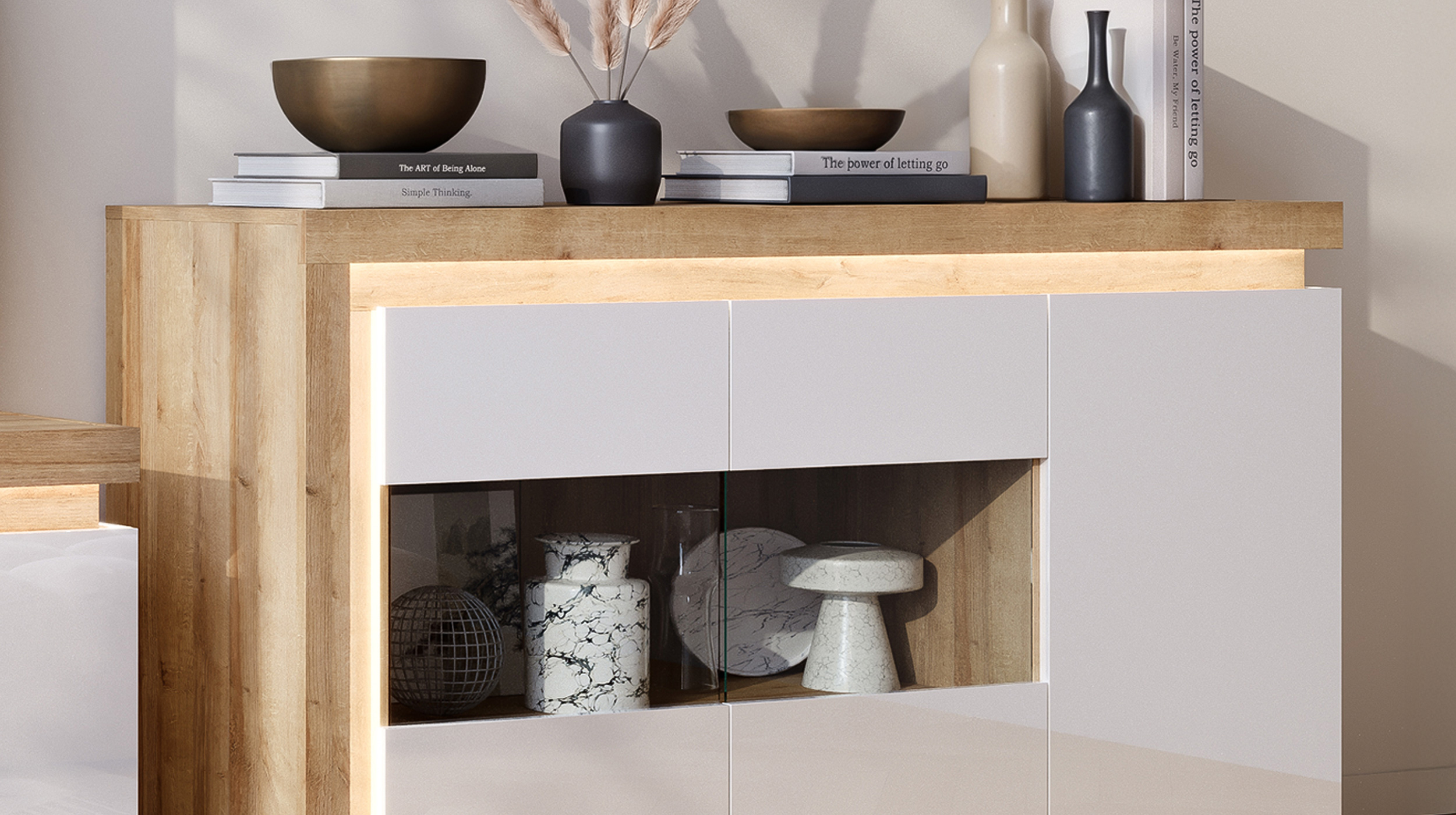 Sideboard mit Glastüren weiß Hochglanz - Eiche 158 cm - LYON