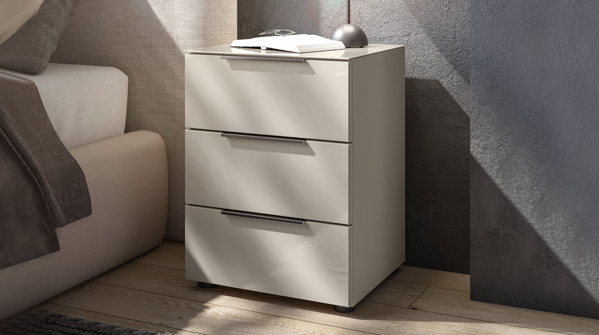 Nachttisch beige - Glasfront - 45 x 40 cm Nachtkommode - SANTORIN