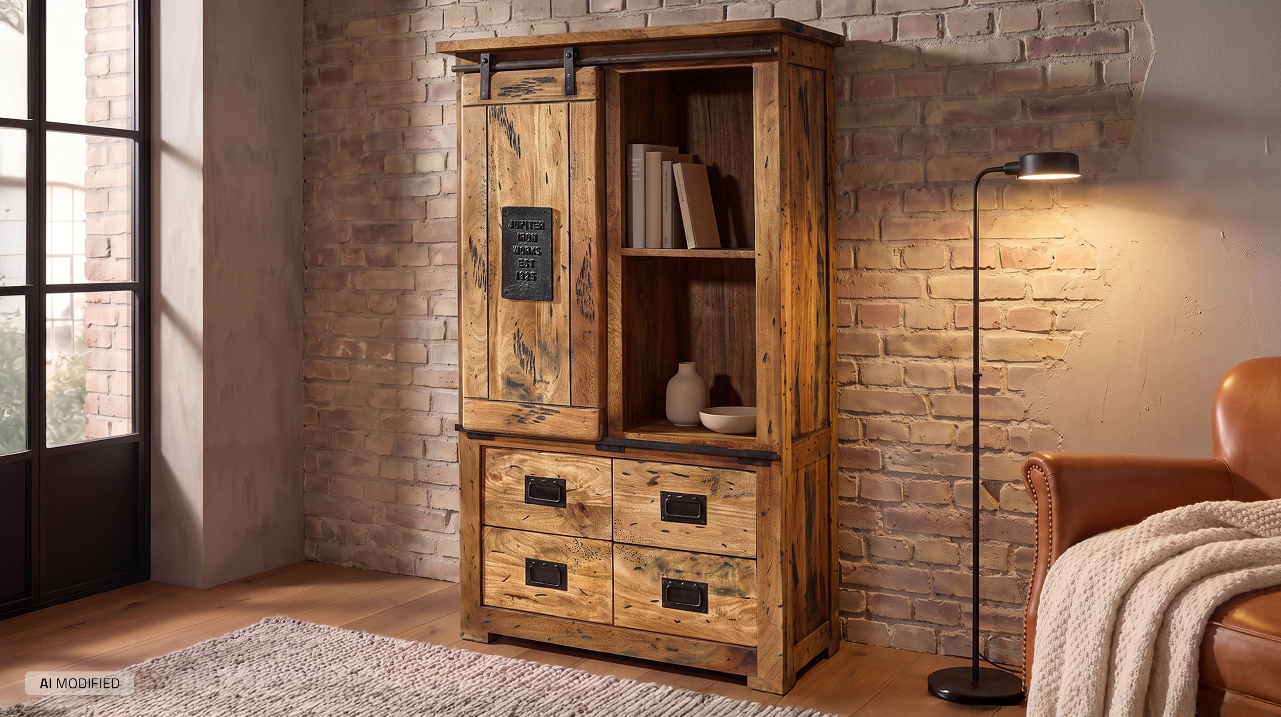 Highboard mit 1 Rolltür Mango massiv 90 cm - montiert - EMANUEL