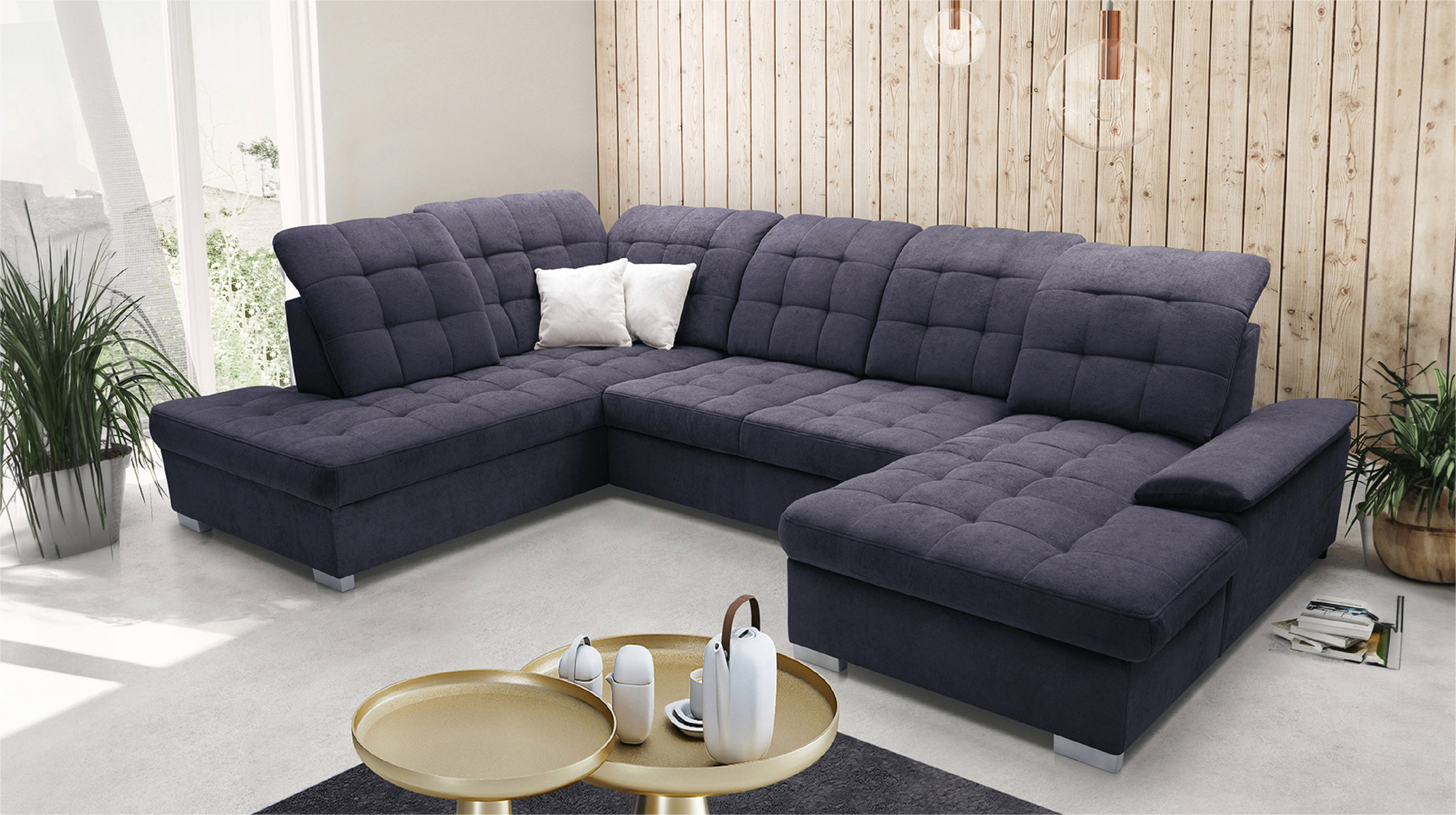 Wohnlandschaft Schlaffunktion dunkelblau Bettkasten 343 cm - VIKTOR