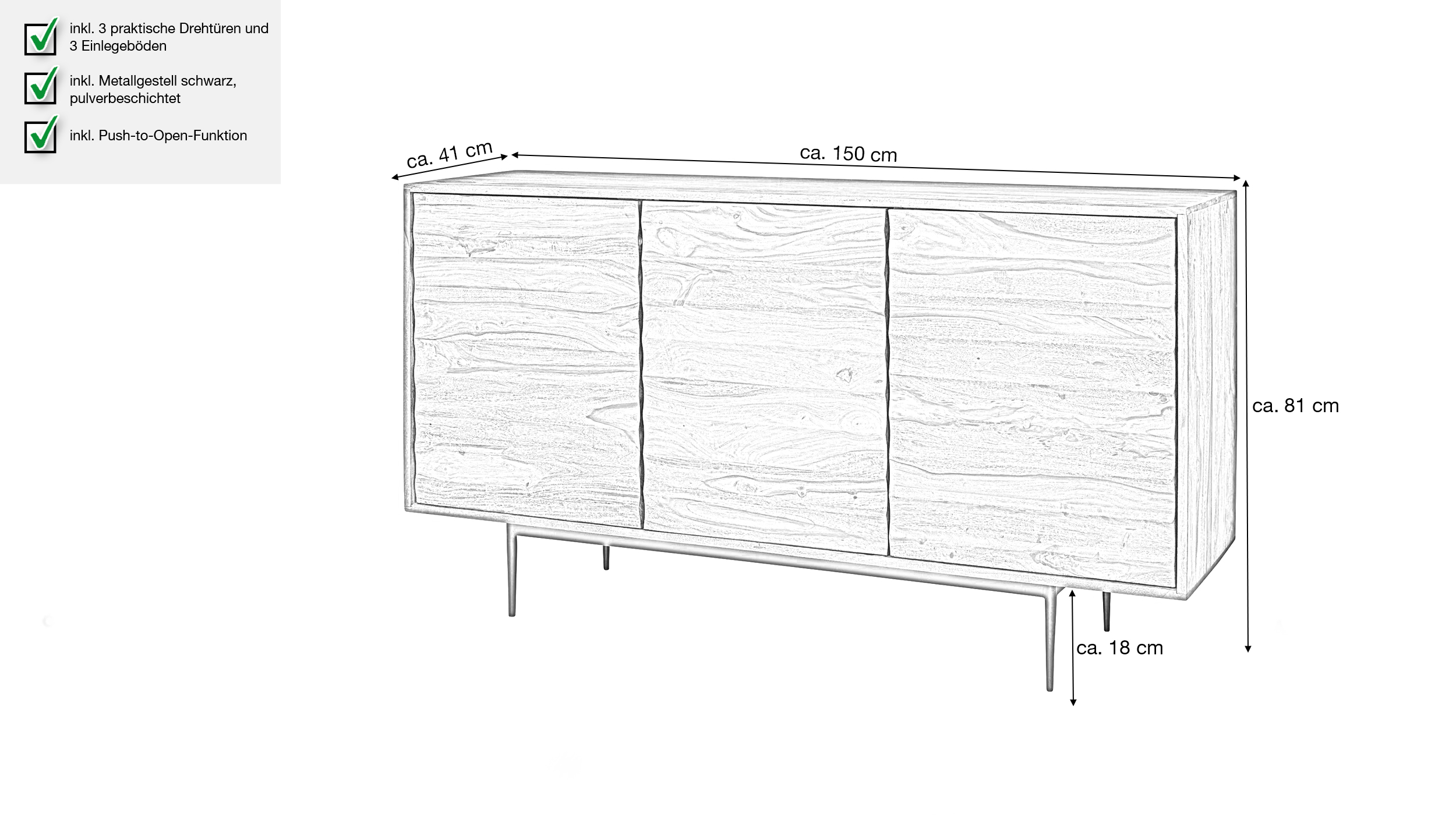 Sideboard Sheesham massiv 150 x 41 cm 3-türig - RISA