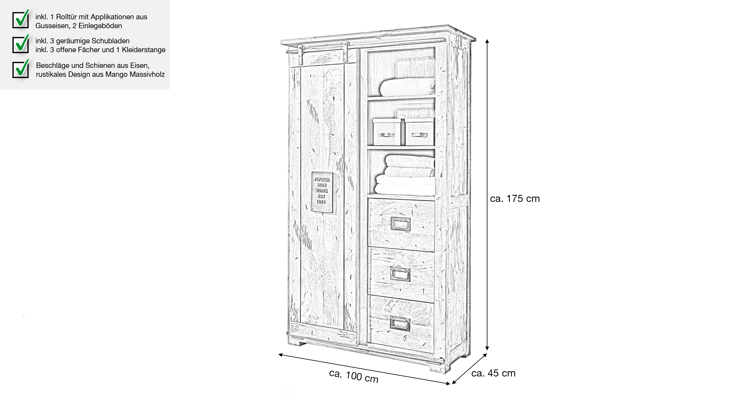 Garderobenschrank 1 Rolltür Mango massiv 100 cm - montiert - EMANUEL