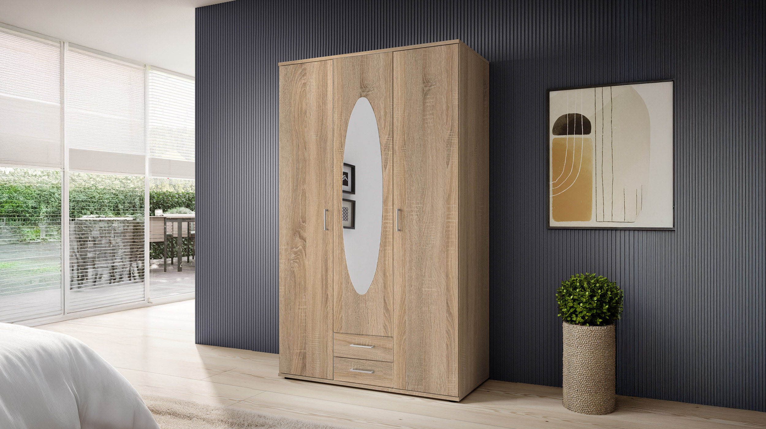 Kleiderschrank mit Spiegel 120 cm Sonoma Eiche - 3-türig - PAUL