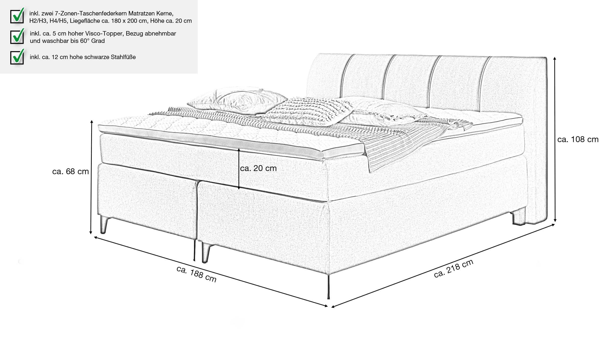 Boxspringbett 180 x 200 cm anthrazit Stoffbezug - DAVIE 