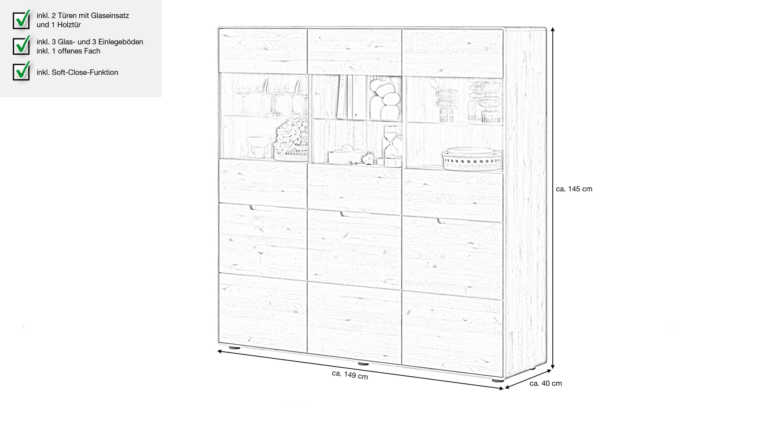 Highboard mit Glastüren Wildeiche massiv 149 cm - LUCAS 