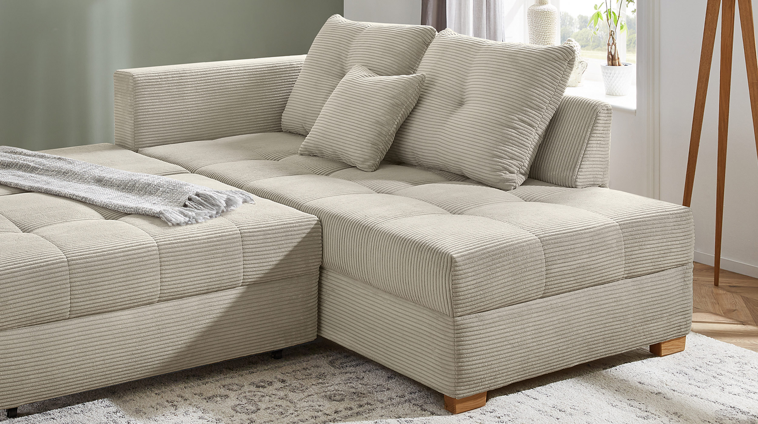 Ecksofa Cord grau - Schlaffunktion Bettkasten 228 cm - HEIDELBERG