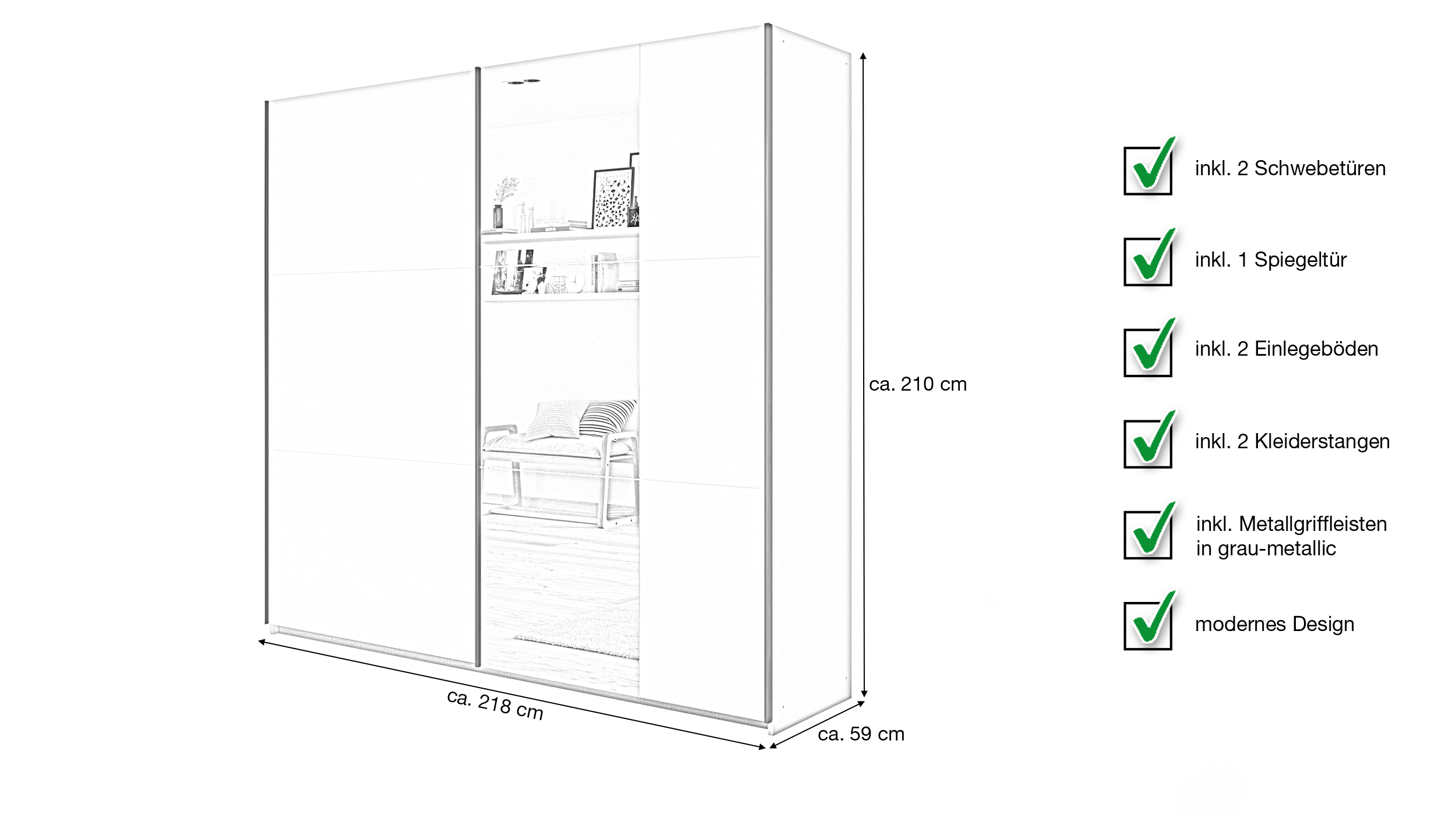 Schwebetürenschrank Spiegel beige 218 cm - rauch - KRONACH