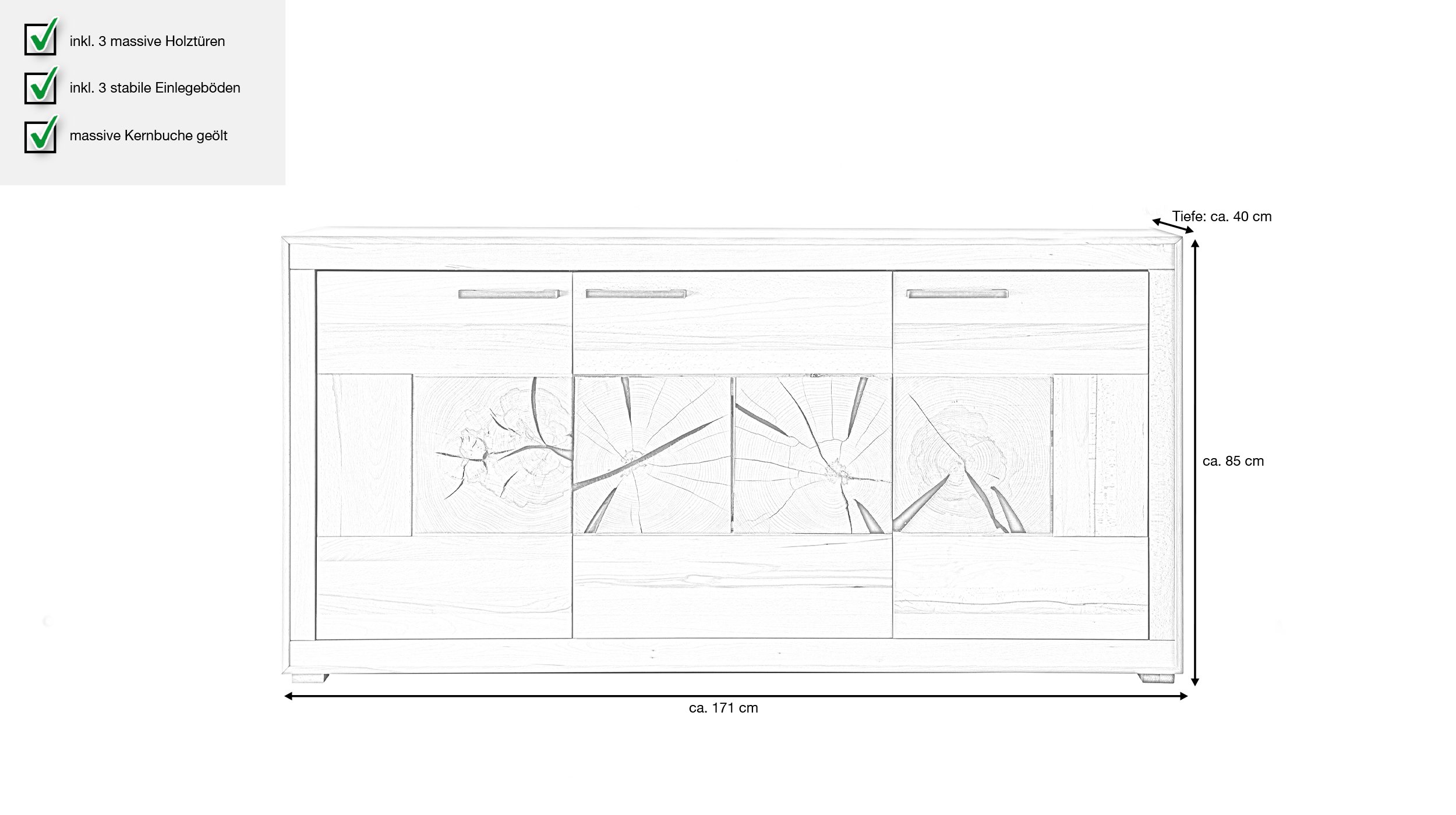 Sideboard mit 3 Türen Kernbuche massiv - 171 cm - LUIS