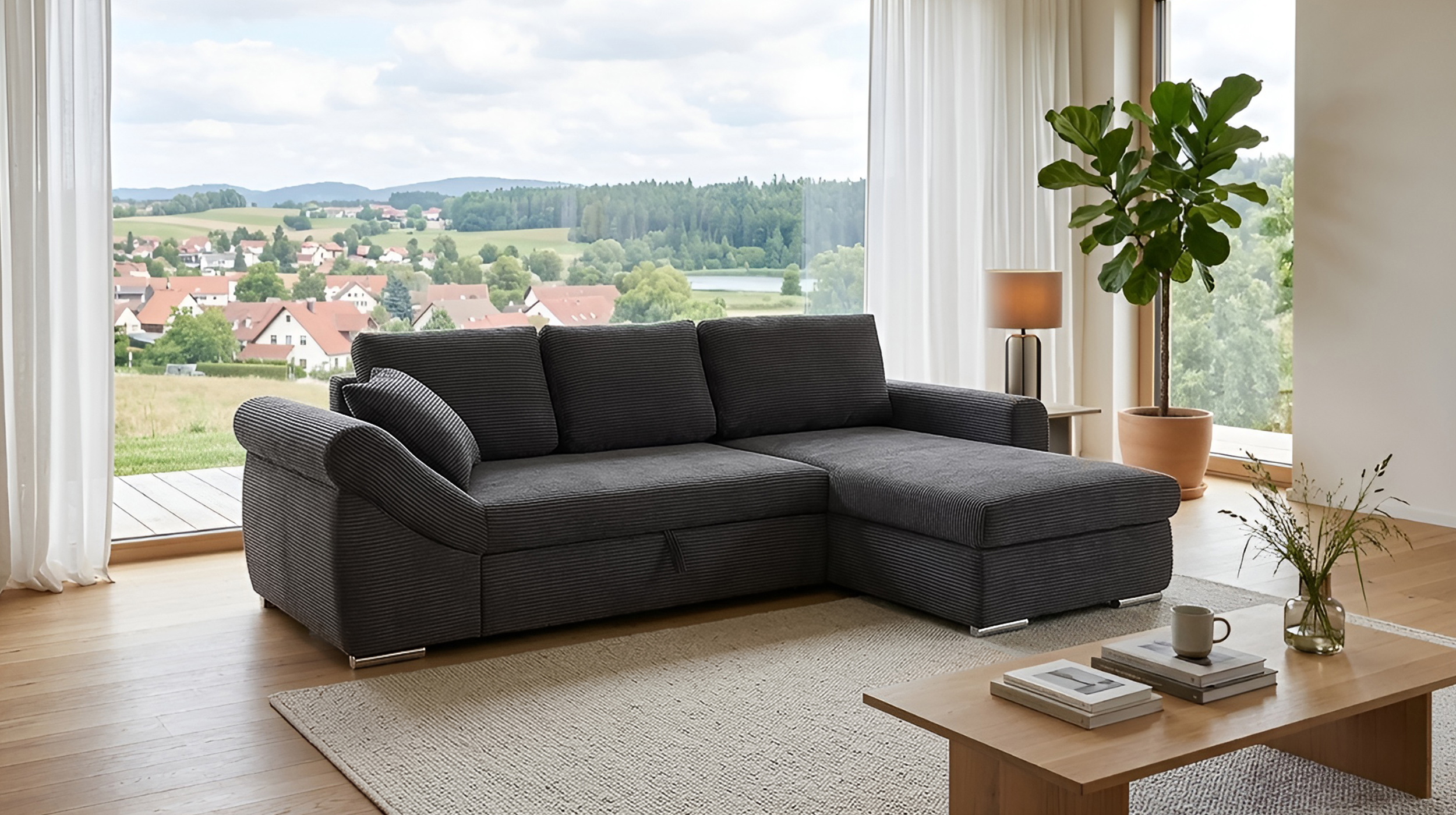 Ecksofa Schlaffunktion Bettkasten anthrazit Cord - RAMONA