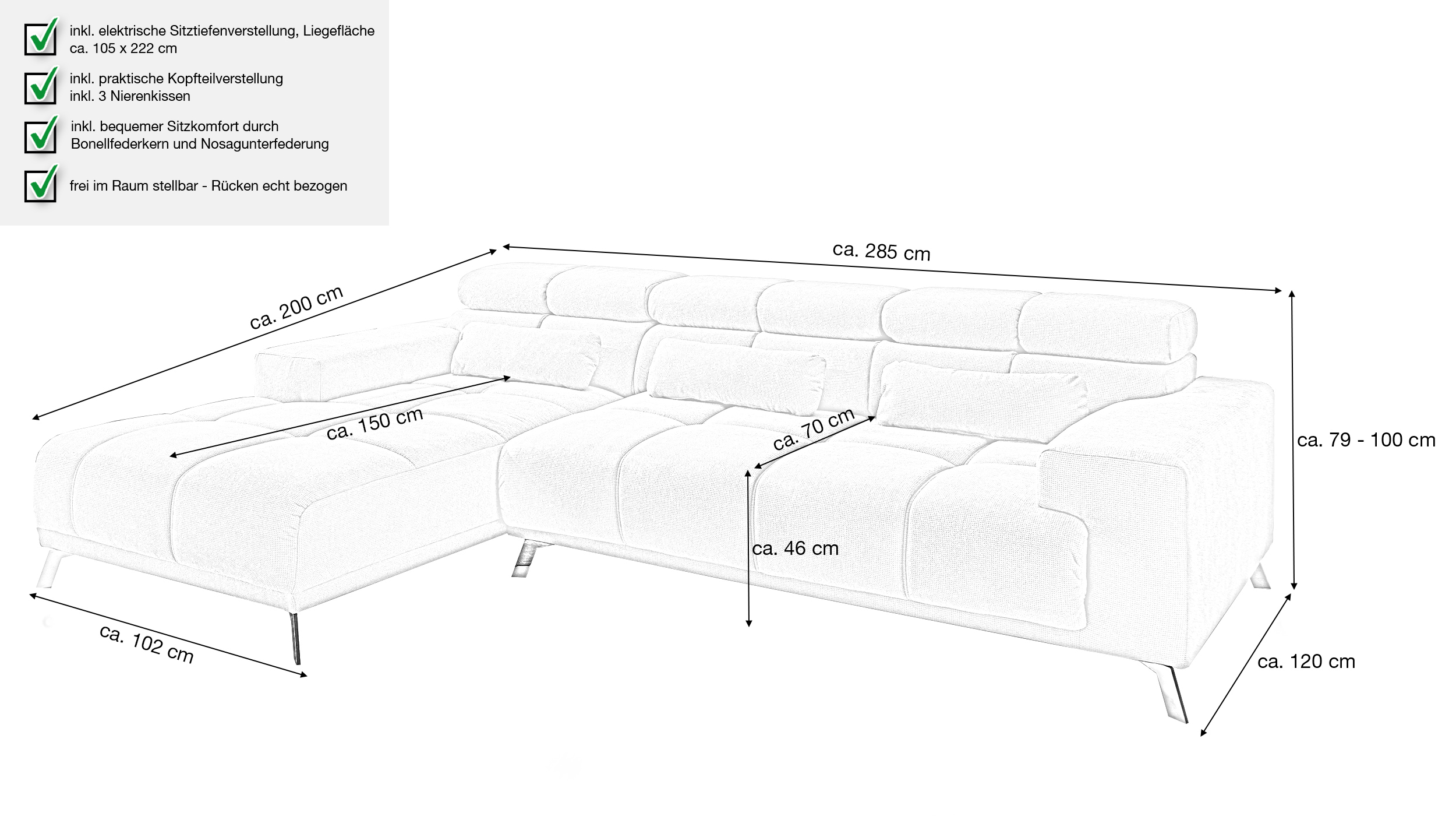 Ecksofa grün ausziehbar - Sitztiefenverstellung 285 cm - OT links - SPEED