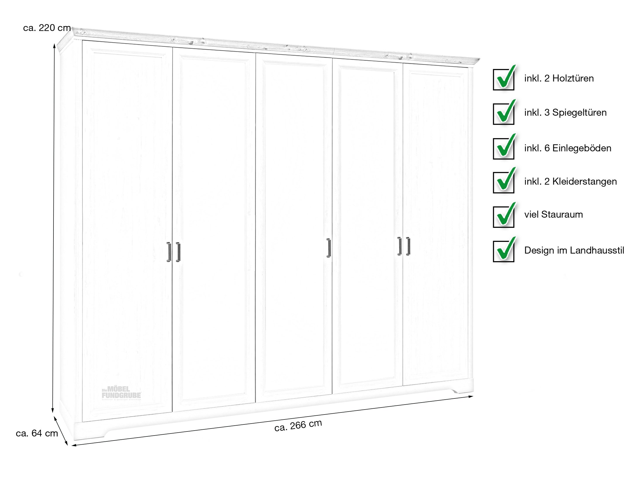 Kleiderschrank mit Spiegel - weiß - Artisan Eiche - 266 cm - JASMIN