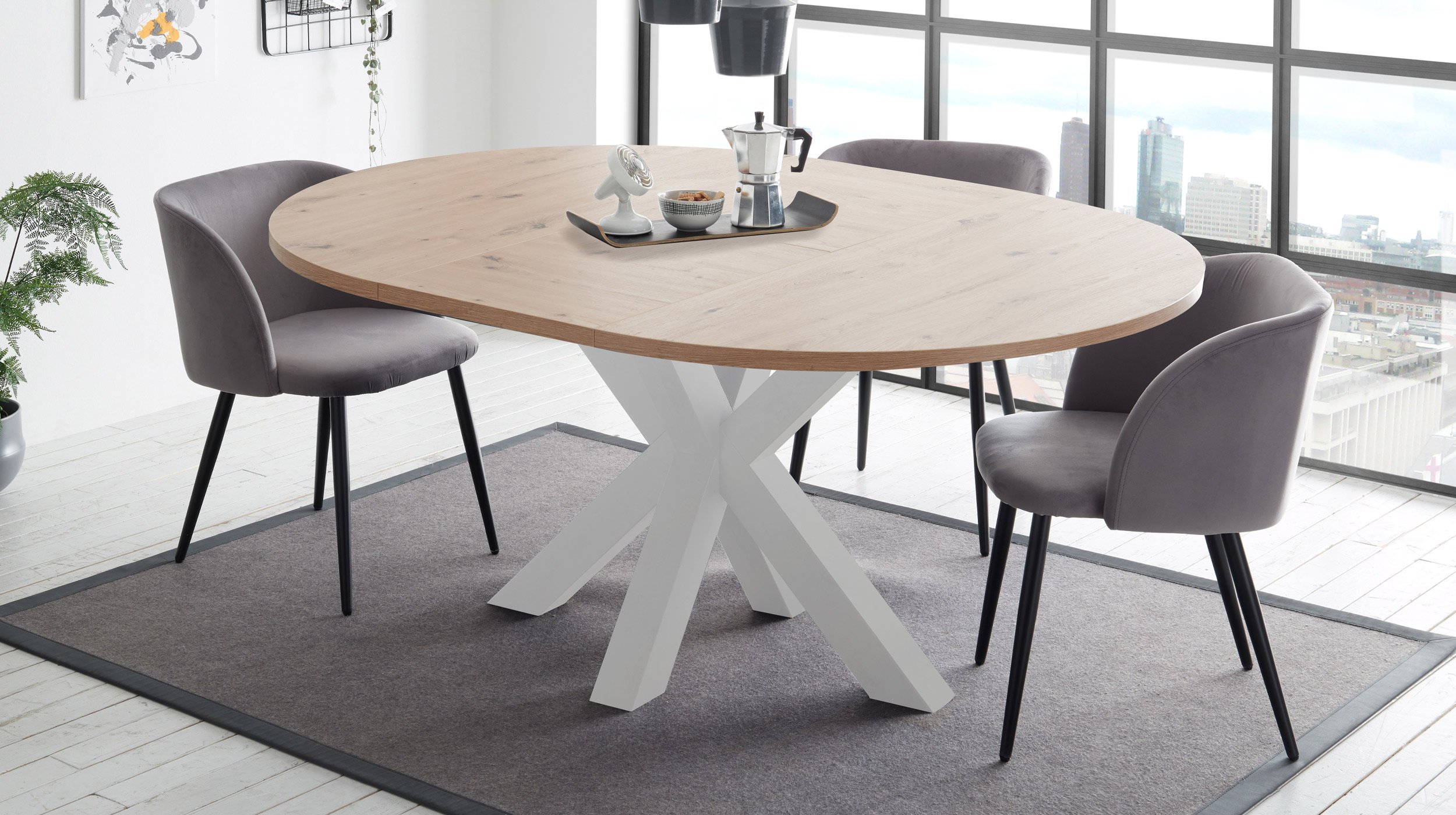 Esstisch rund ausziehbar 130 cm Asteiche - weiß - BIG SYSTEM