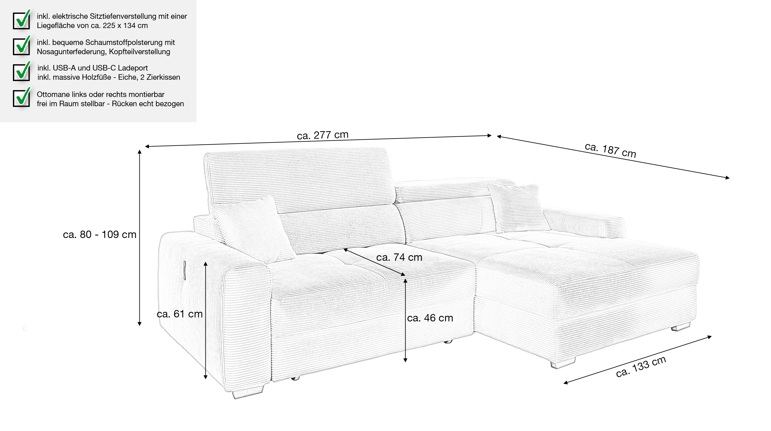Ecksofa Cord elektrisch ausfahrbar grau 277 cm - SLIDER