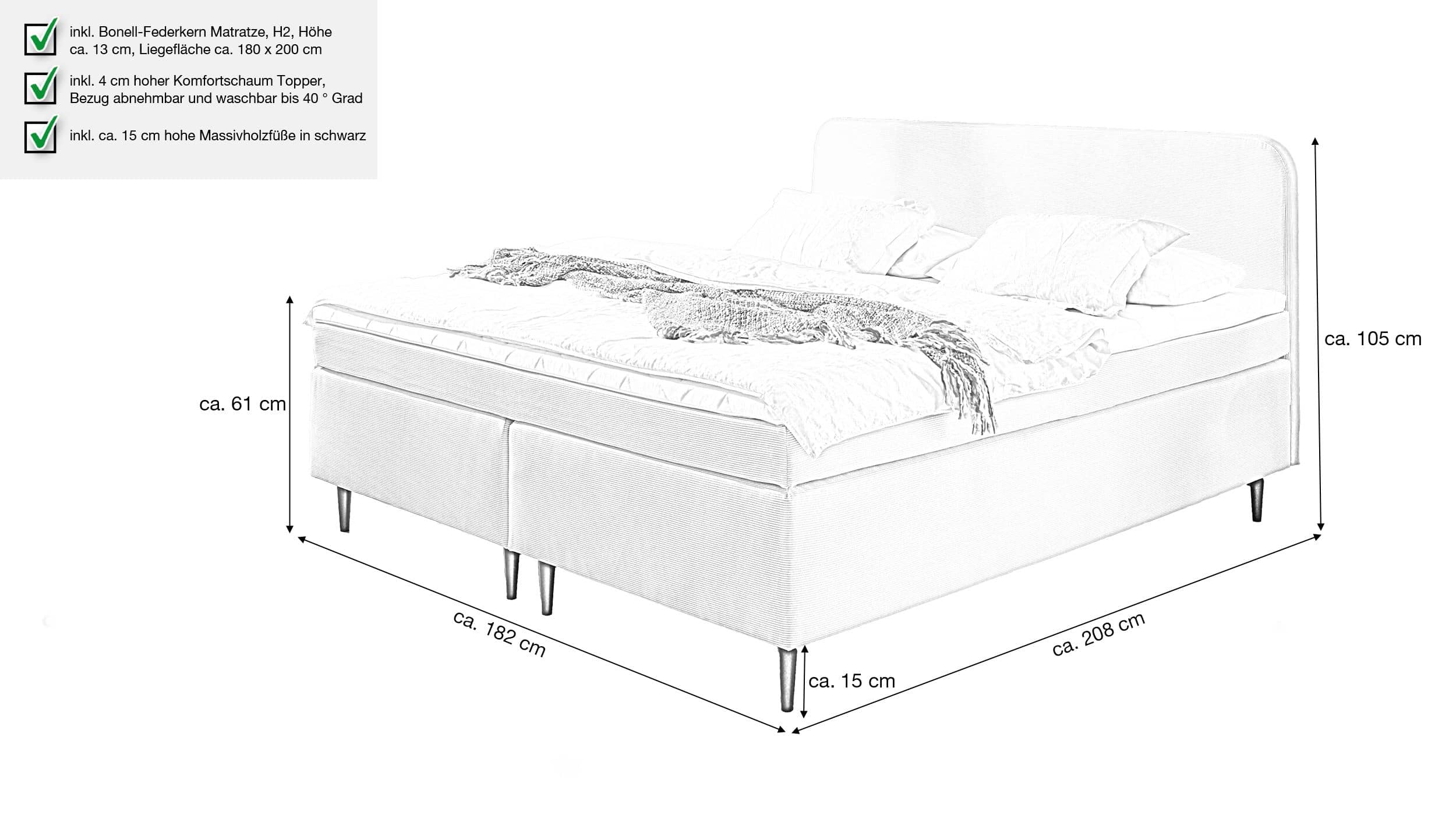 Boxspringbett 180 x 200 cm grau Feincord - VILLACH