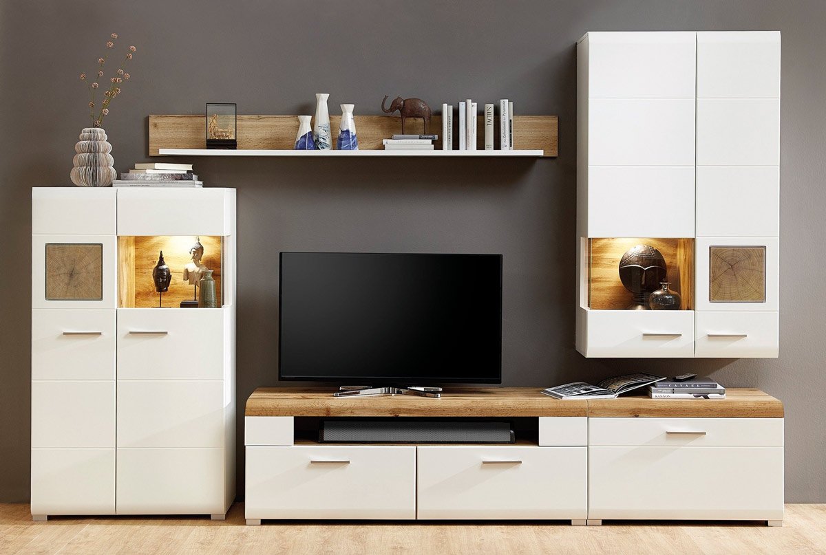 Wohnwand weiß - Eiche - 320 cm - LED-Beleuchtung - FUN PLUS