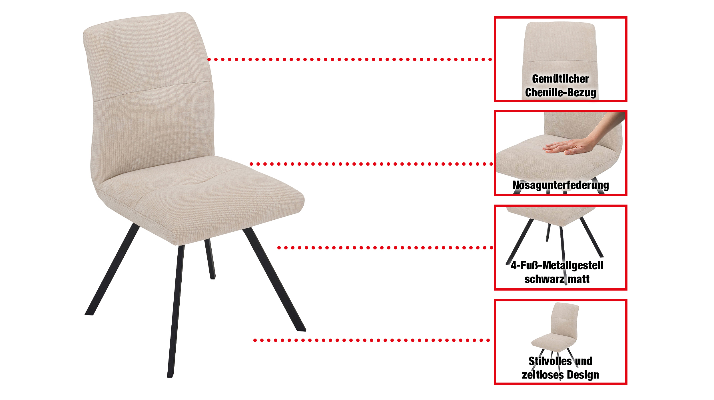Polsterstuhl Chenille-Bezug beige mit Nosagunterfederung - EVORA
