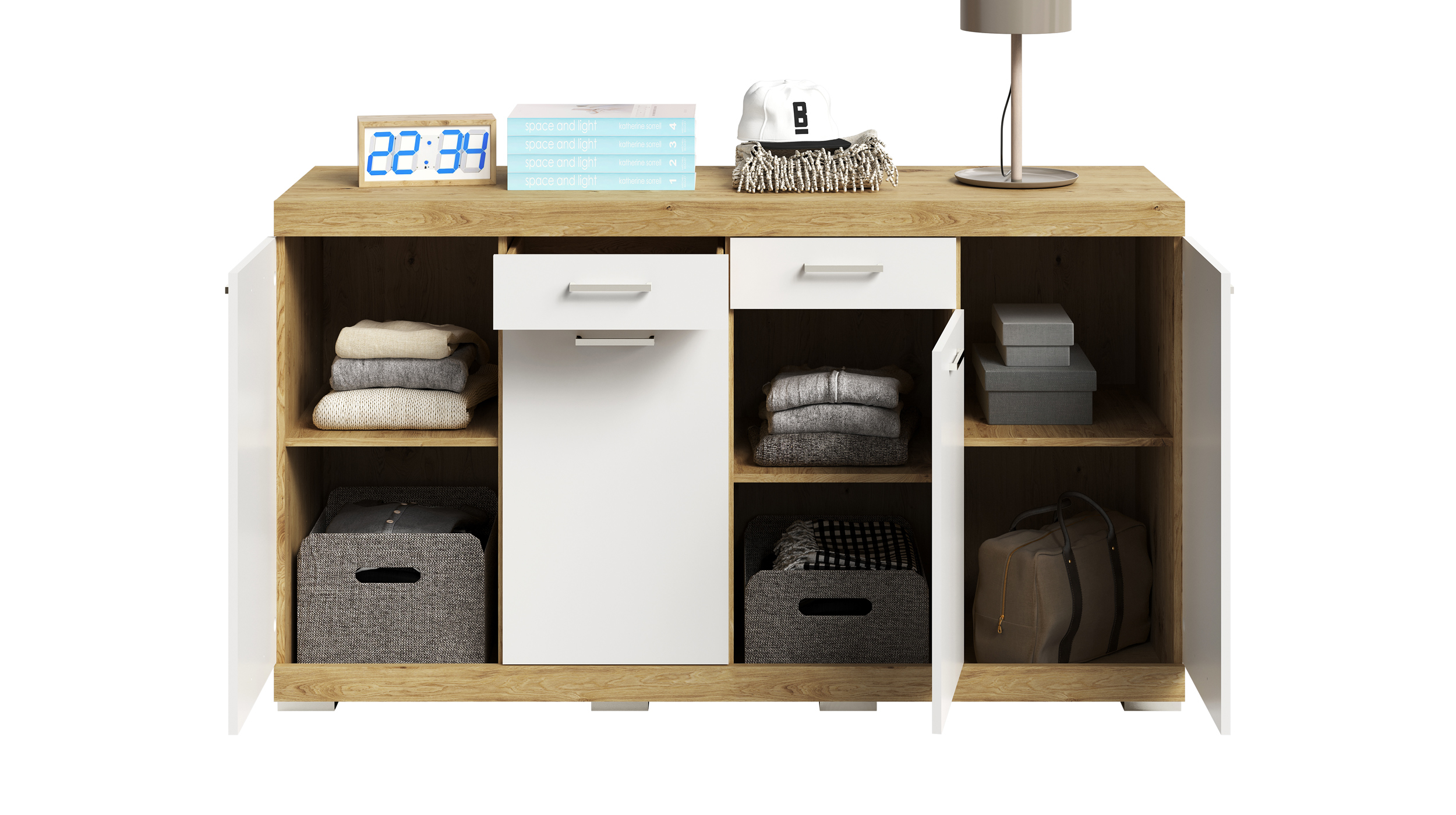 Kommode weiß Artisan Eiche 160 x 50 cm - 2 Schubladen - BRISTOL