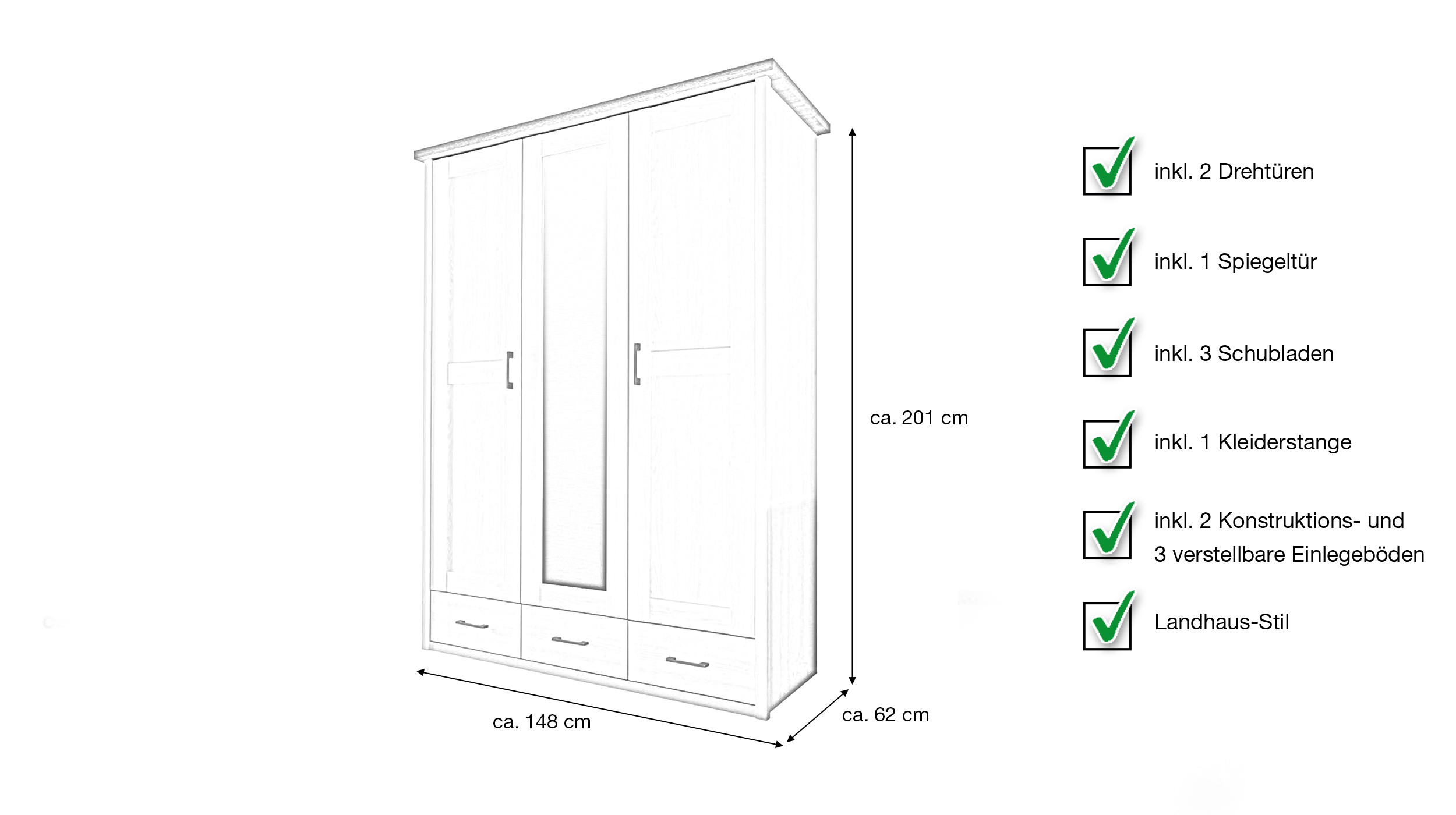 Kleiderschrank mit Spiegel 148 cm Pinie weiß 3-türig - LUCA