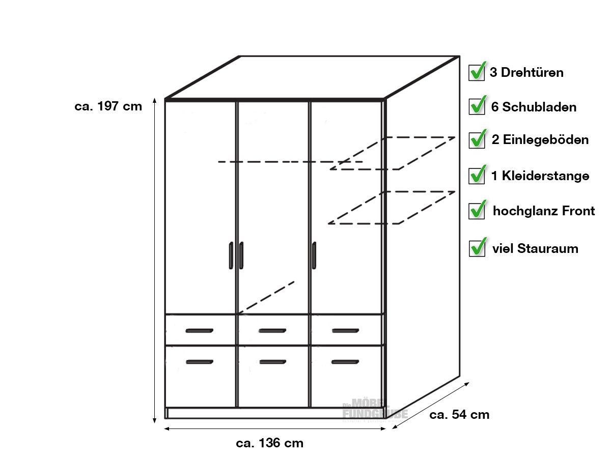 Kleiderschrank weiß hochglanz - rauch - 136 cm - CELLE