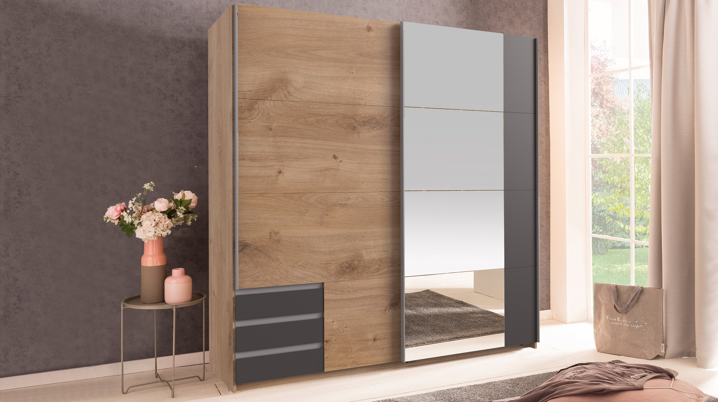 Schwebetürenschrank mit Spiegel Plankeneiche - graphit 180 cm - EMDEN