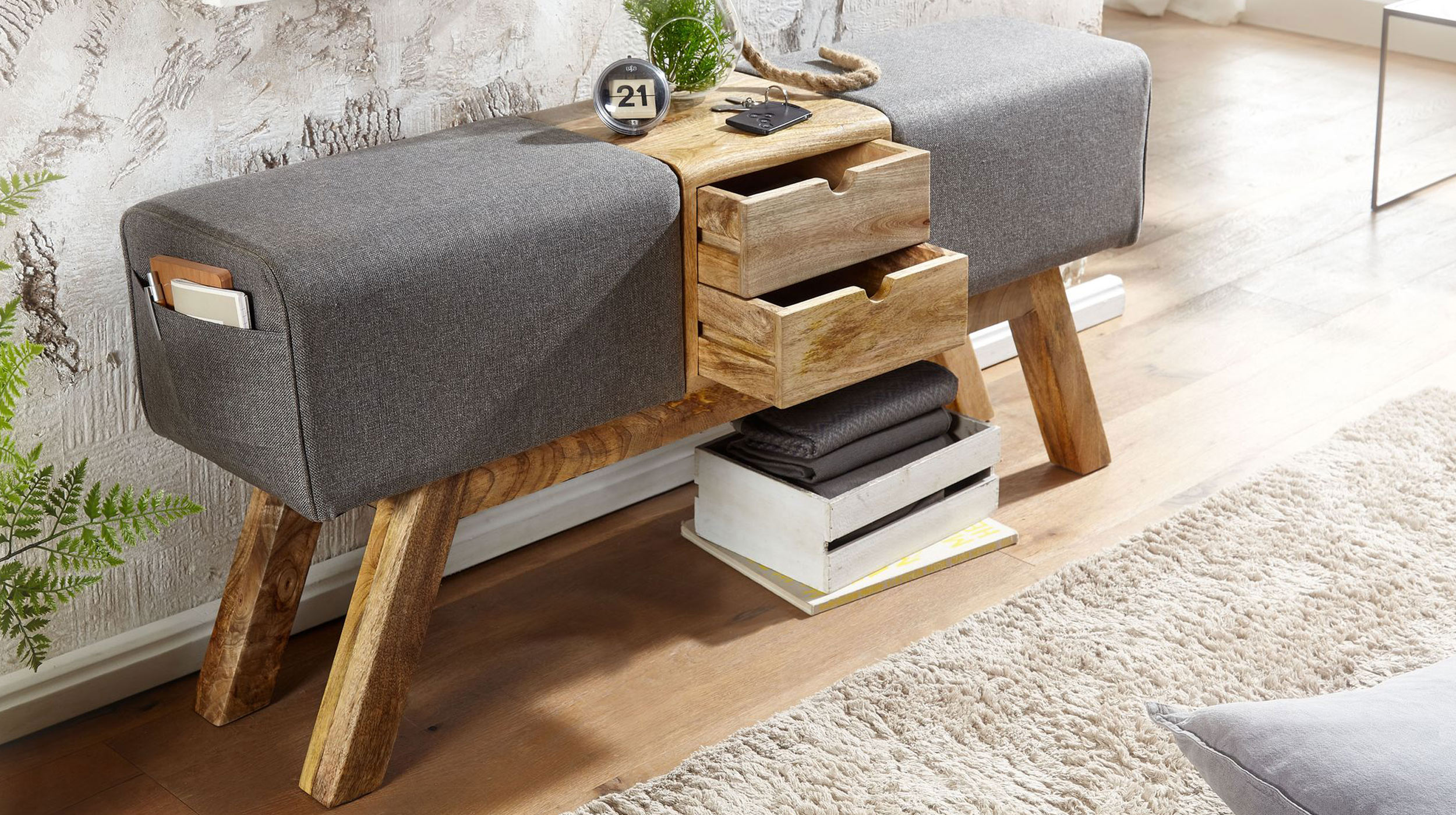 Sitzbank mit Schubladen 120 cm Mango lackiert - TUVA 