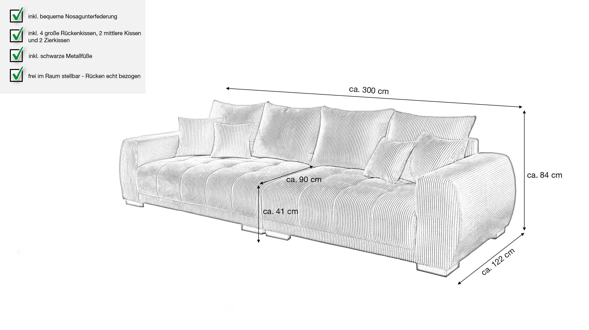 Big Sofa Cord rost mit Nosagunterfederung 300 cm - ARTEMIS