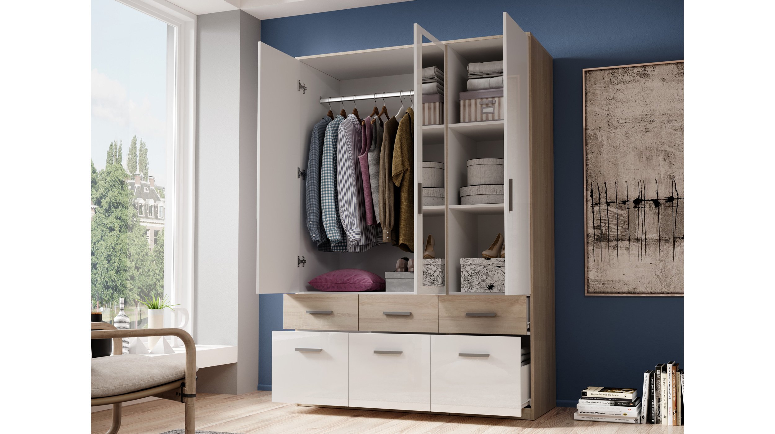 Kleiderschrank mit Spiegel - Sonoma Eiche - weiß - 135 cm - BOX