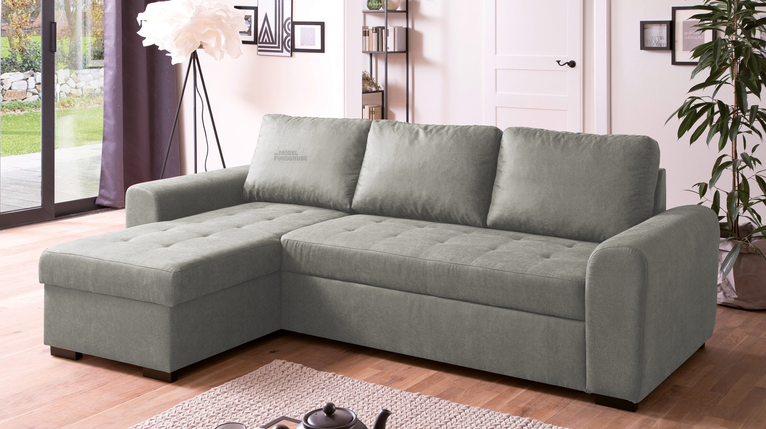 Ecksofa mit Schlaffunktion grau 243 x 155 cm Bettkasten POLL