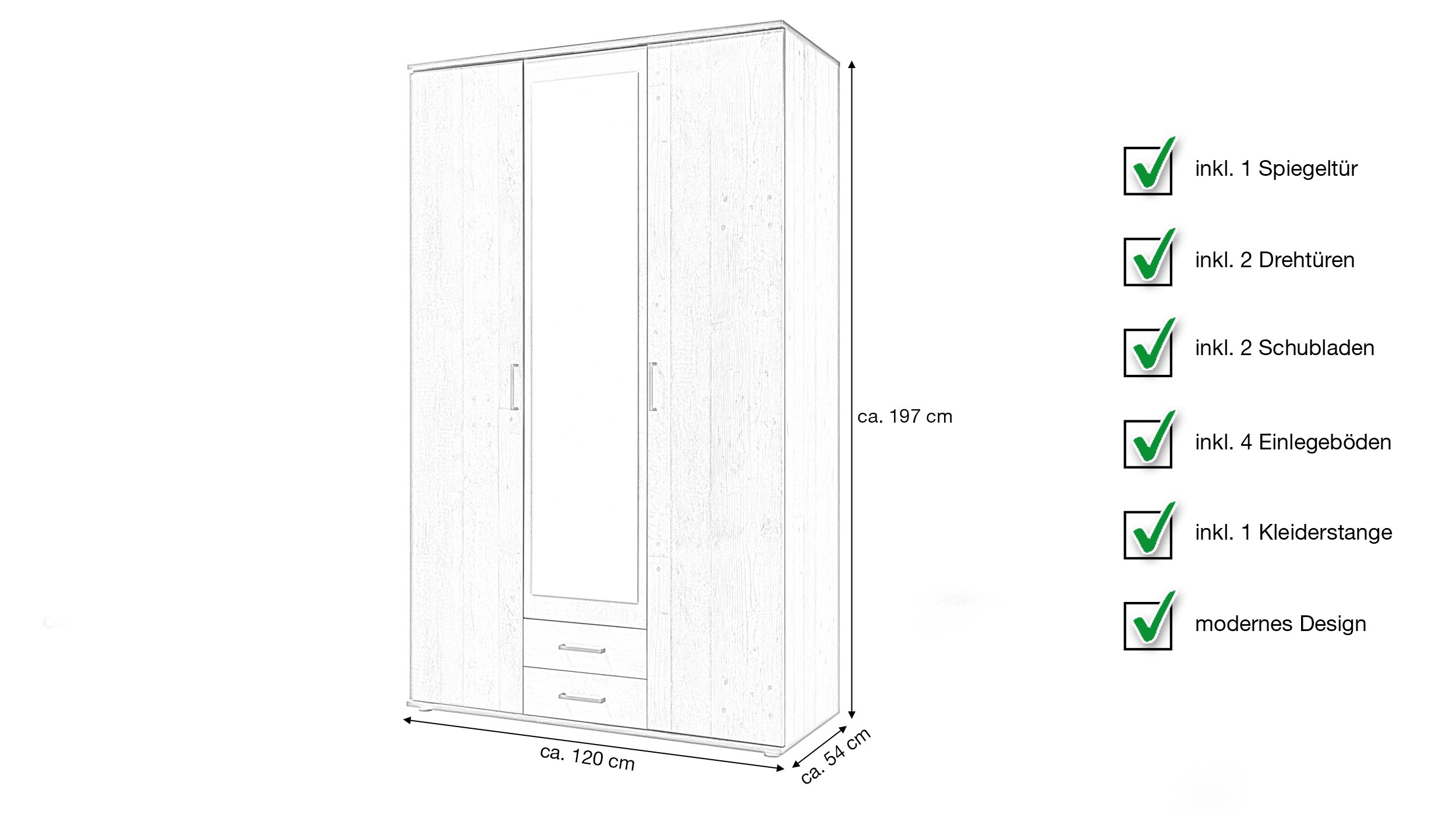 Kleiderschrank mit Spiegel - Old Style - grau - 120 cm - CHICAGO