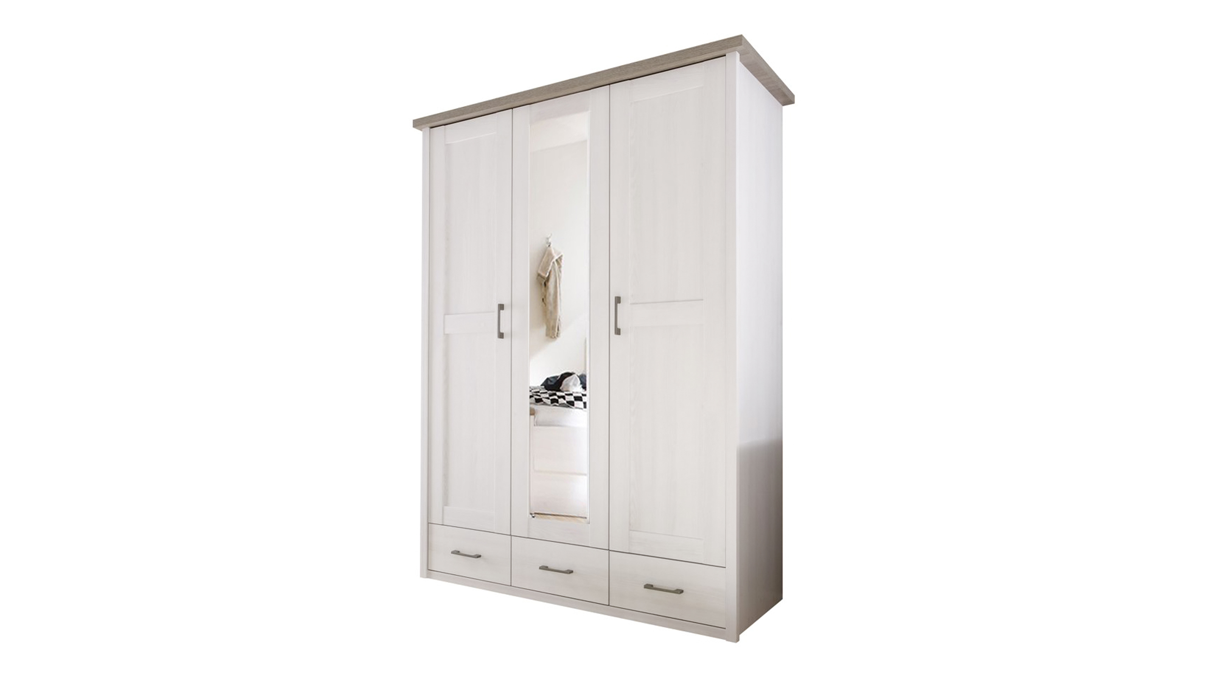 Kleiderschrank mit Spiegel 148 cm Pinie weiß 3-türig - LUCA