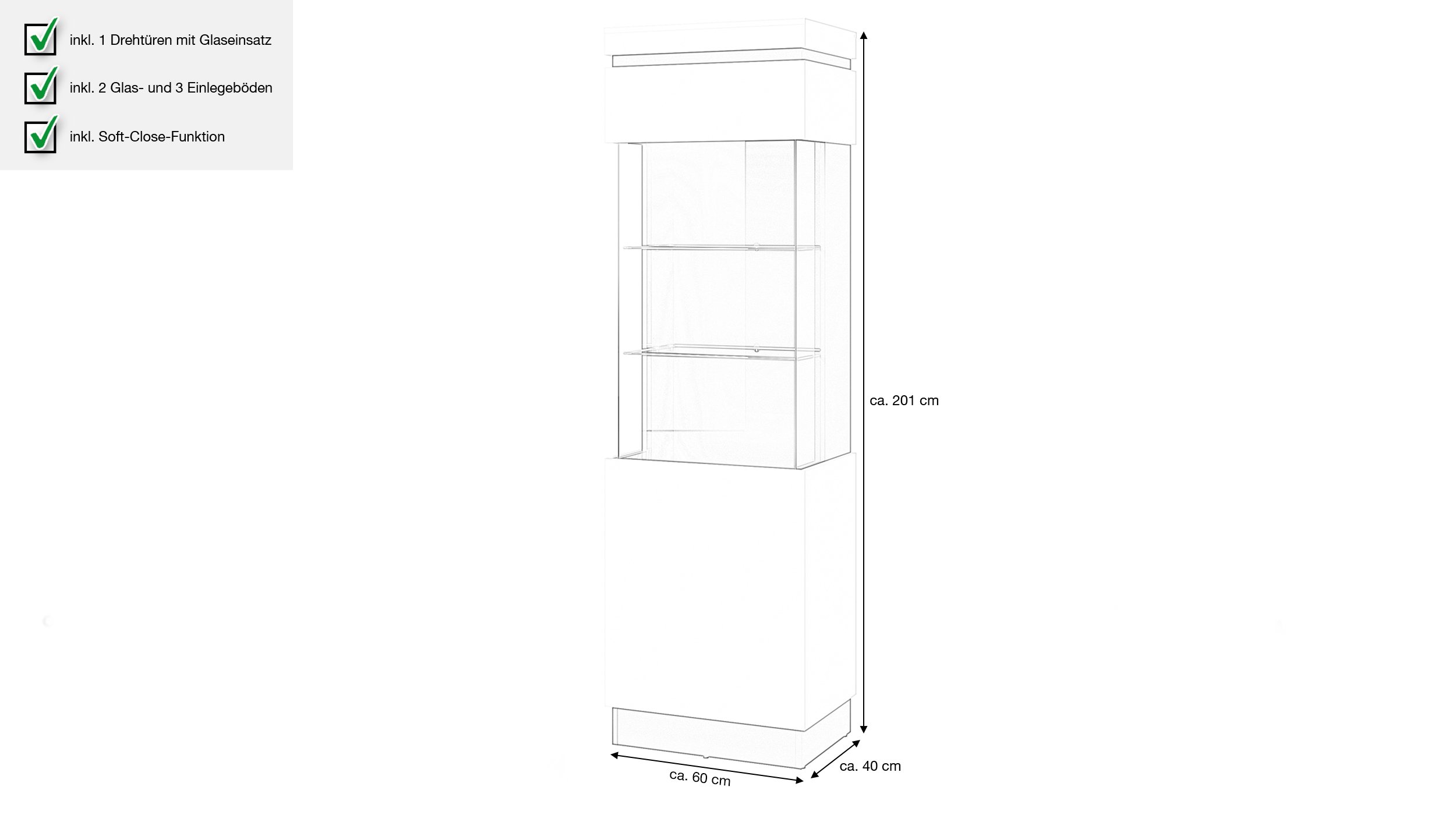 Vitrine mit Glastür alpinweiß Breite 60 cm - CAMPANIA