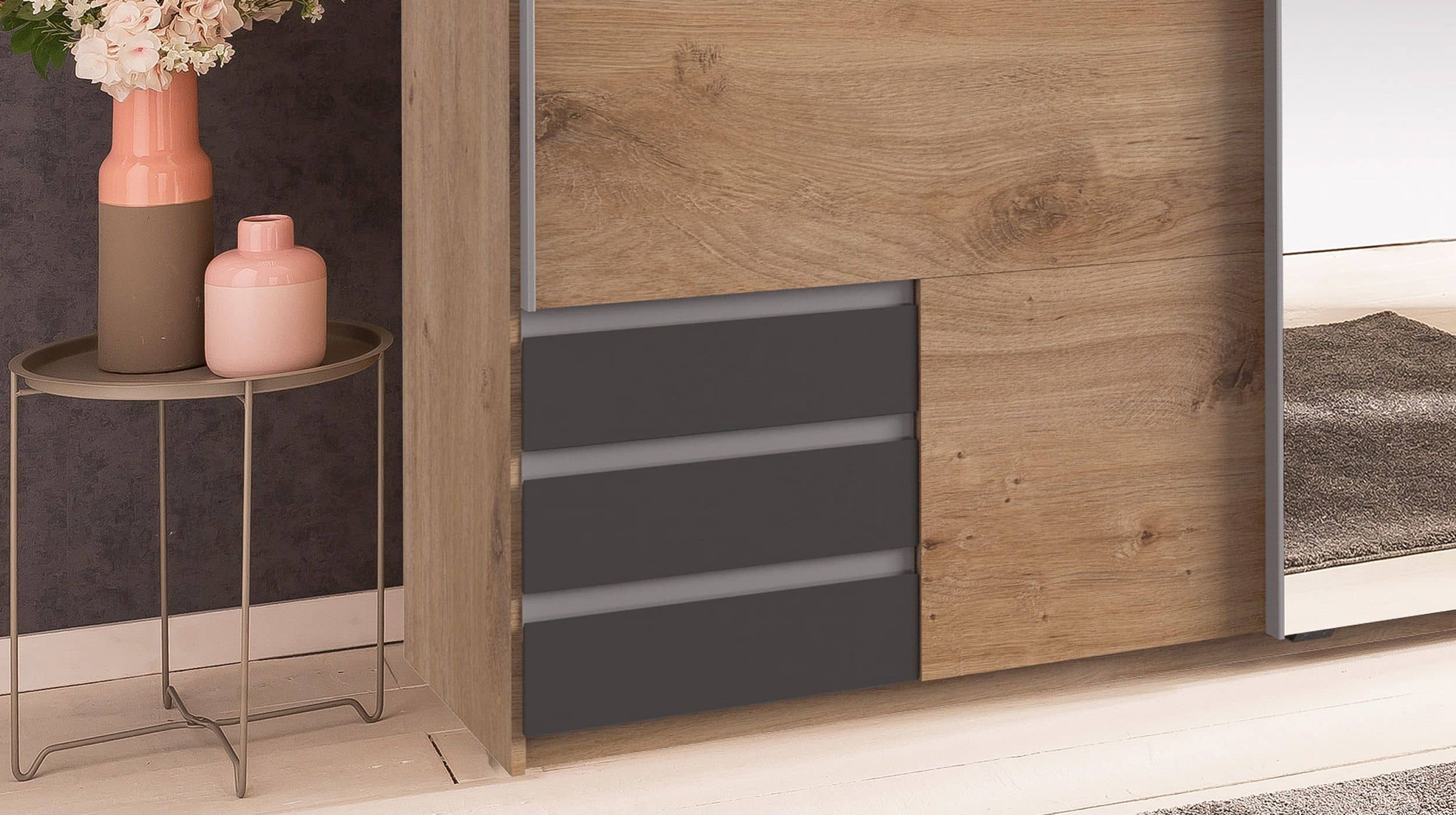 Schwebetürenschrank mit Spiegel Plankeneiche - graphit 180 cm - EMDEN