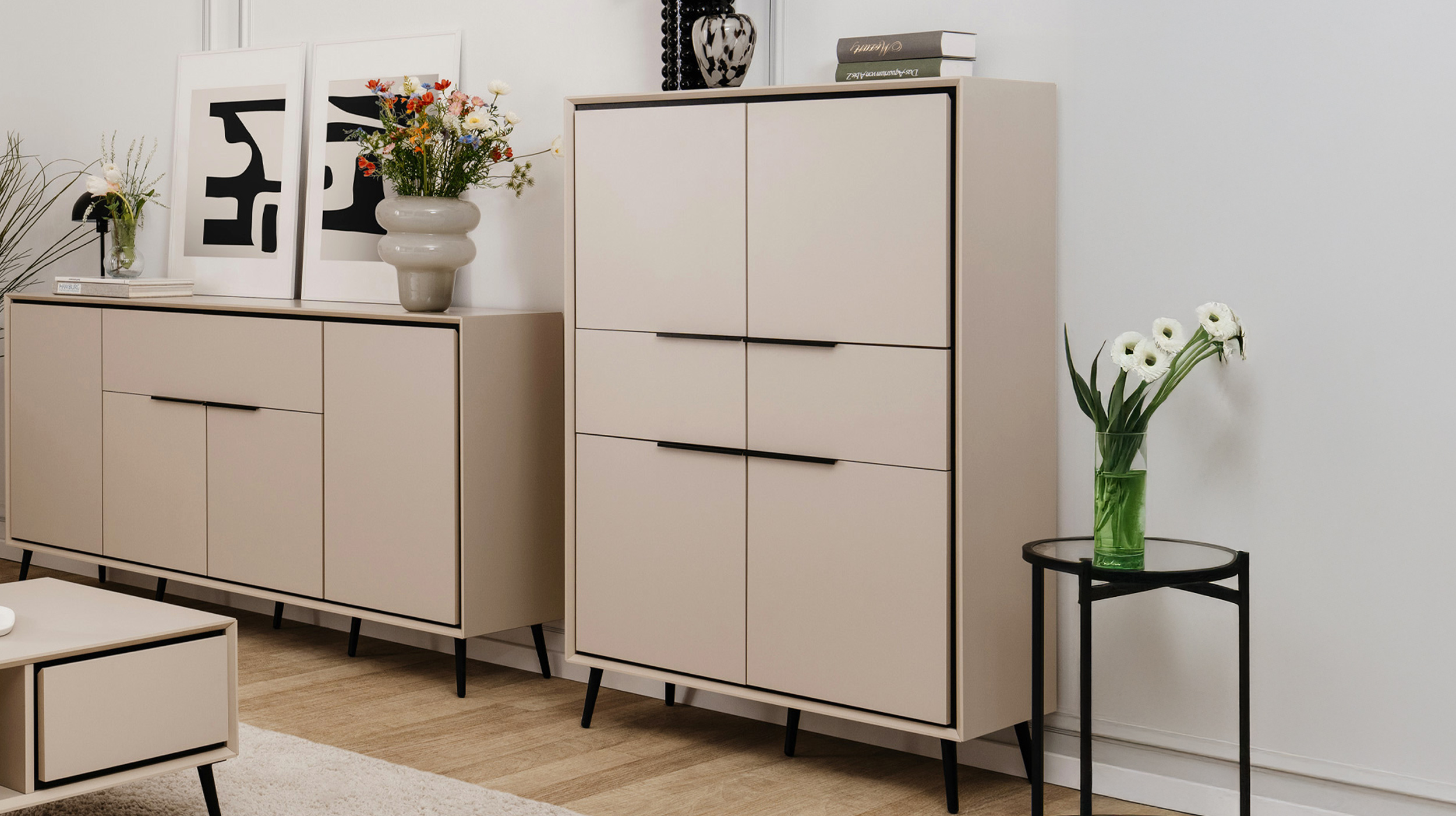 Highboard 4 Türen 2 Schubladen beige schwarz 90 cm - ARONA