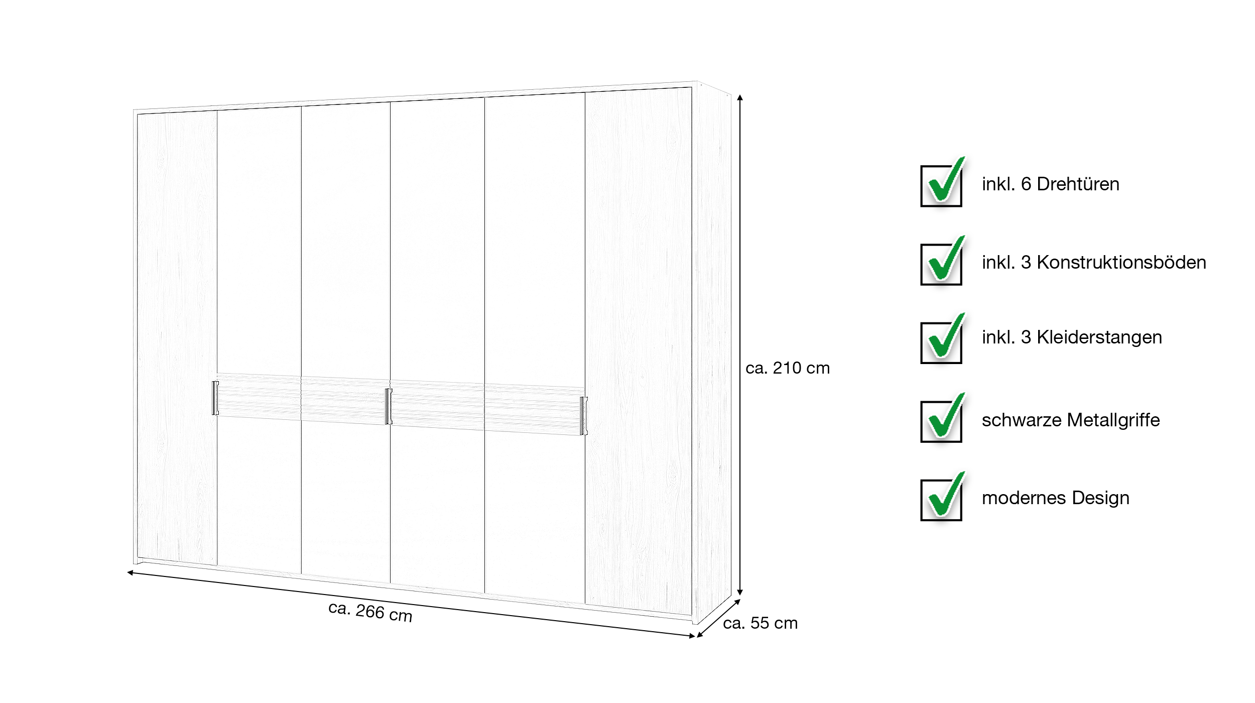 Kleiderschrank Wildeiche grau 266 cm - 6-türig - VALPECULA 