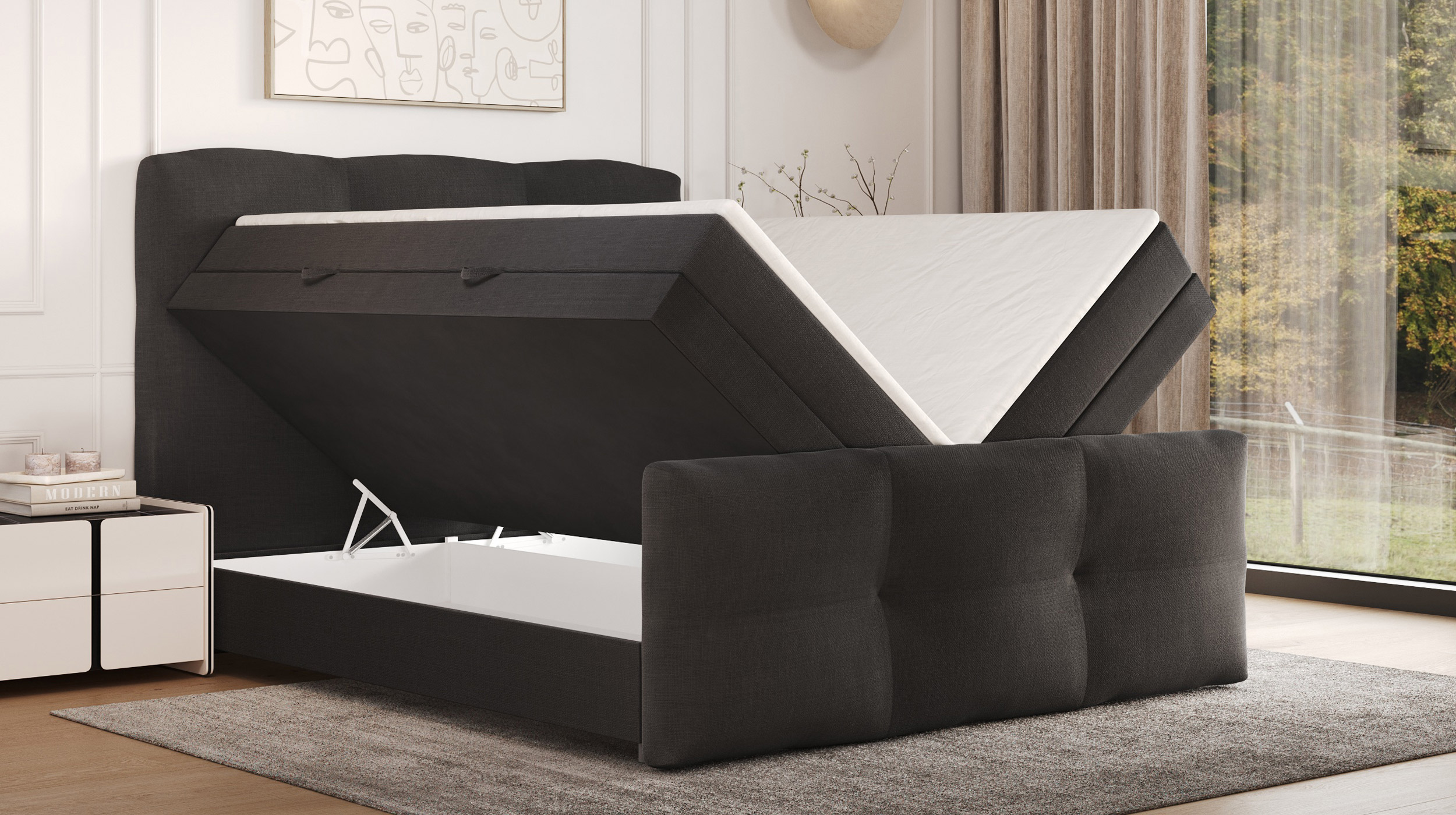 Boxspringbett 180 x 200 cm mit Bettkasten anthrazit Stoffbezug - STAR