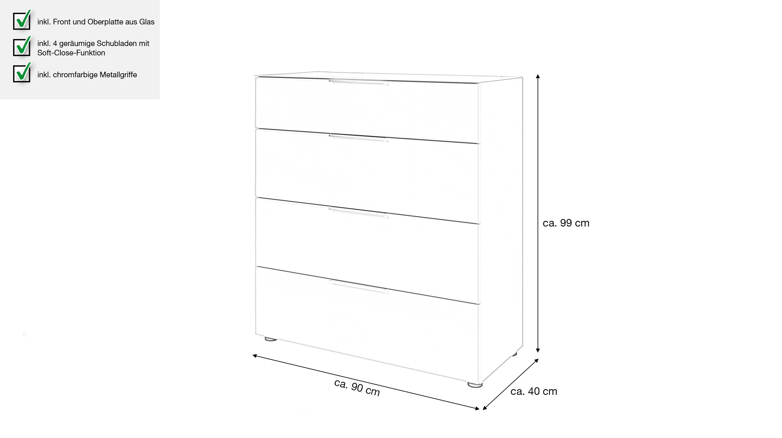 Kommode 4 Schubladen - beige - Glasfront - 90 cm - SANTORIN