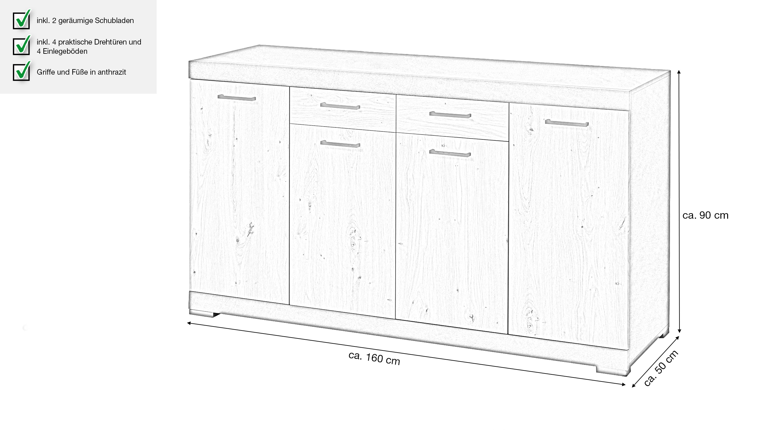 Kommode mit Schubladen anthrazit Artisan Eiche 160 cm - BRISTOL